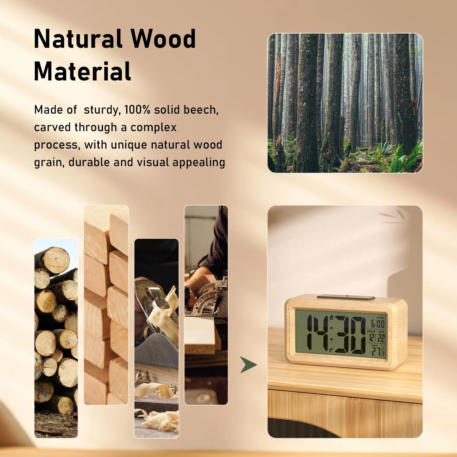 Réveil Numérique en Bois avec Grand Écran LCD, Rétroéclairage, Date, Température, Capteur de Lumière, Snooze, 3 Piles AAA Incluses