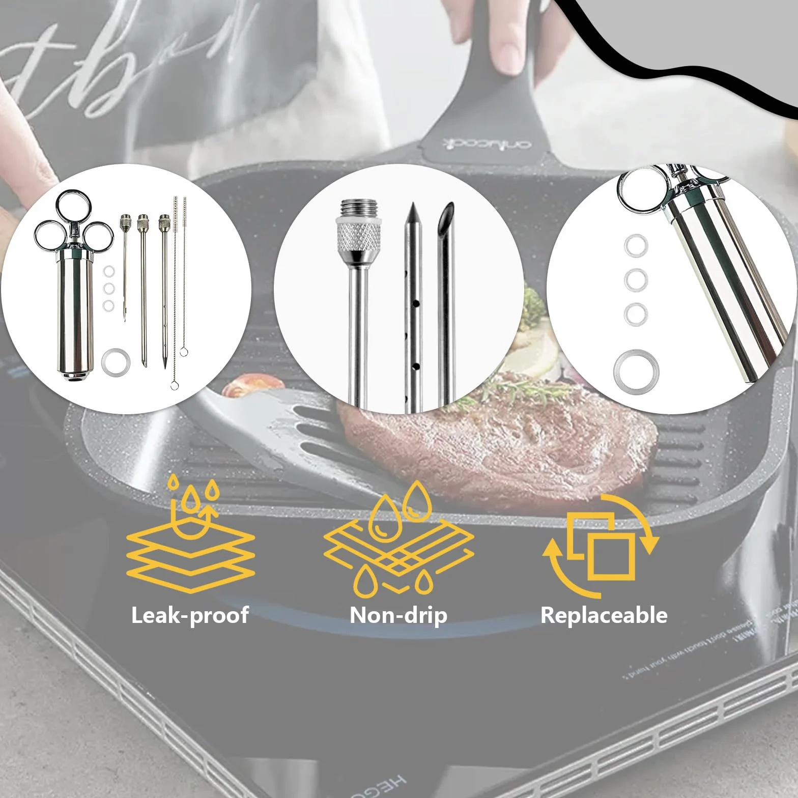Seringue Alimentaire en Acier Inox 60 ml avec 3 Aiguilles – Seringue à Marinade pour Viande et BBQ