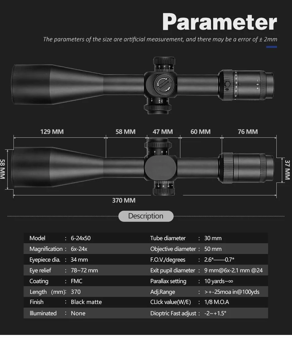 SPINA OPTICS 6-24X50 FFP Pierwszy Focus Plane Telescopic Sight Zakres karabiny MIL Dot Reticle Polowanie Strzelanie karabiny Optical Sight