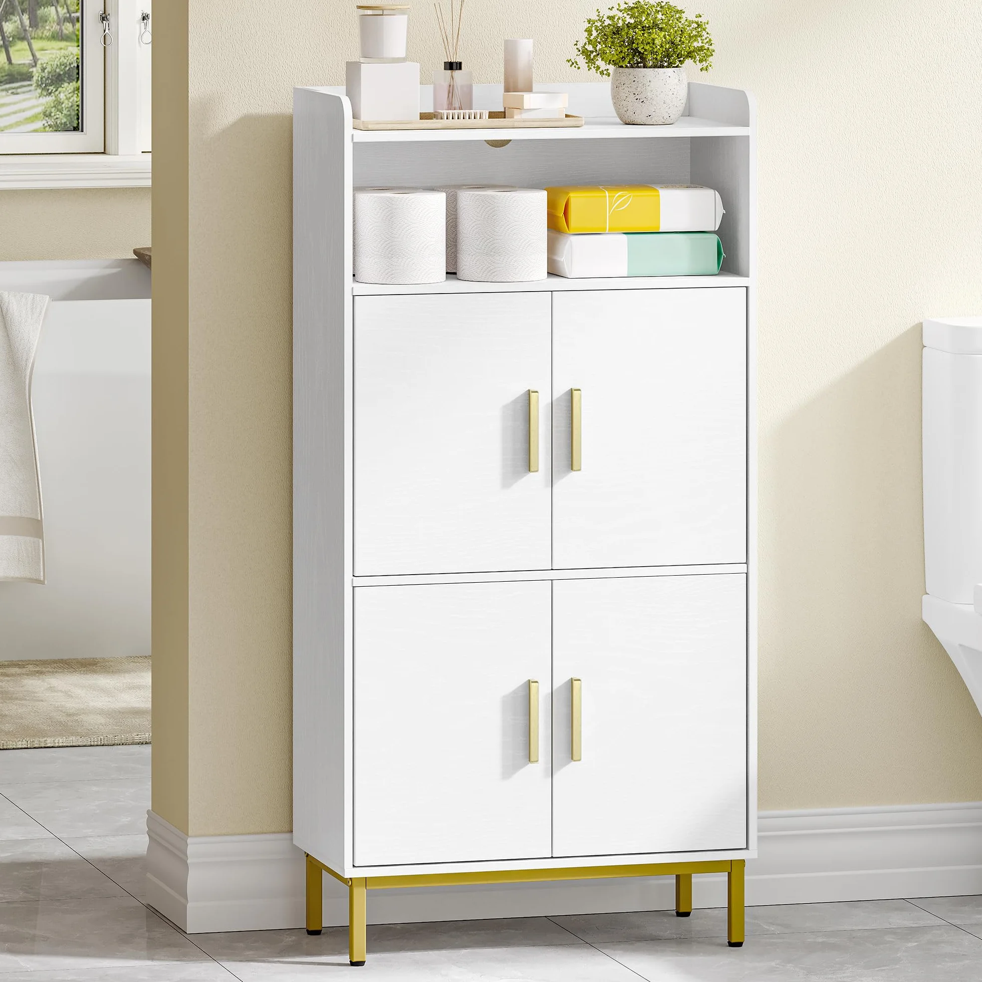 Hzuaneri Meuble Salle de Bain, Armoire de Rangement, Placard Cuisine avec 4 Portes et 1 Espace Ouvert, Armoire de Rangement, Étagères réglables, Salle de Bain, 30 x 60 x 120 cm, Blanc-Or SC45613G
