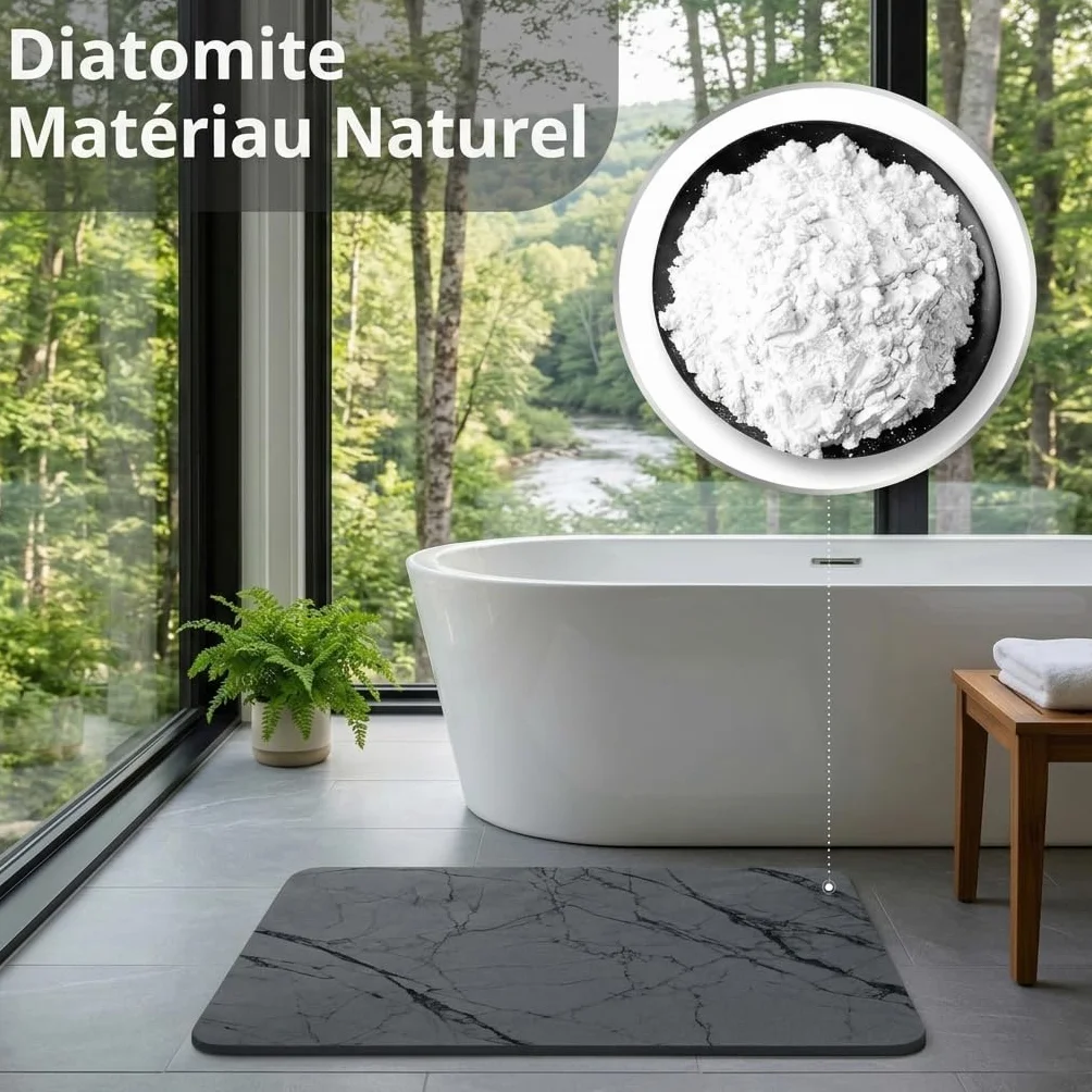 Tapis de Bain en Pierre de Diatomite 60x40 cm Super Absorbant Antidérapant Séchage Rapide