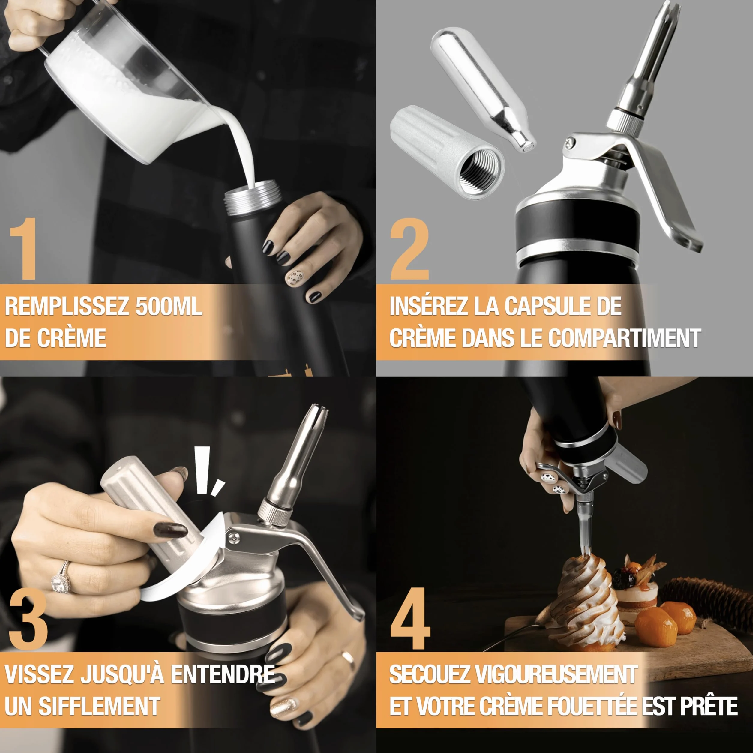 Siphon à mousse Thiru crème inox 3 douilles noir 100 jours d'essai