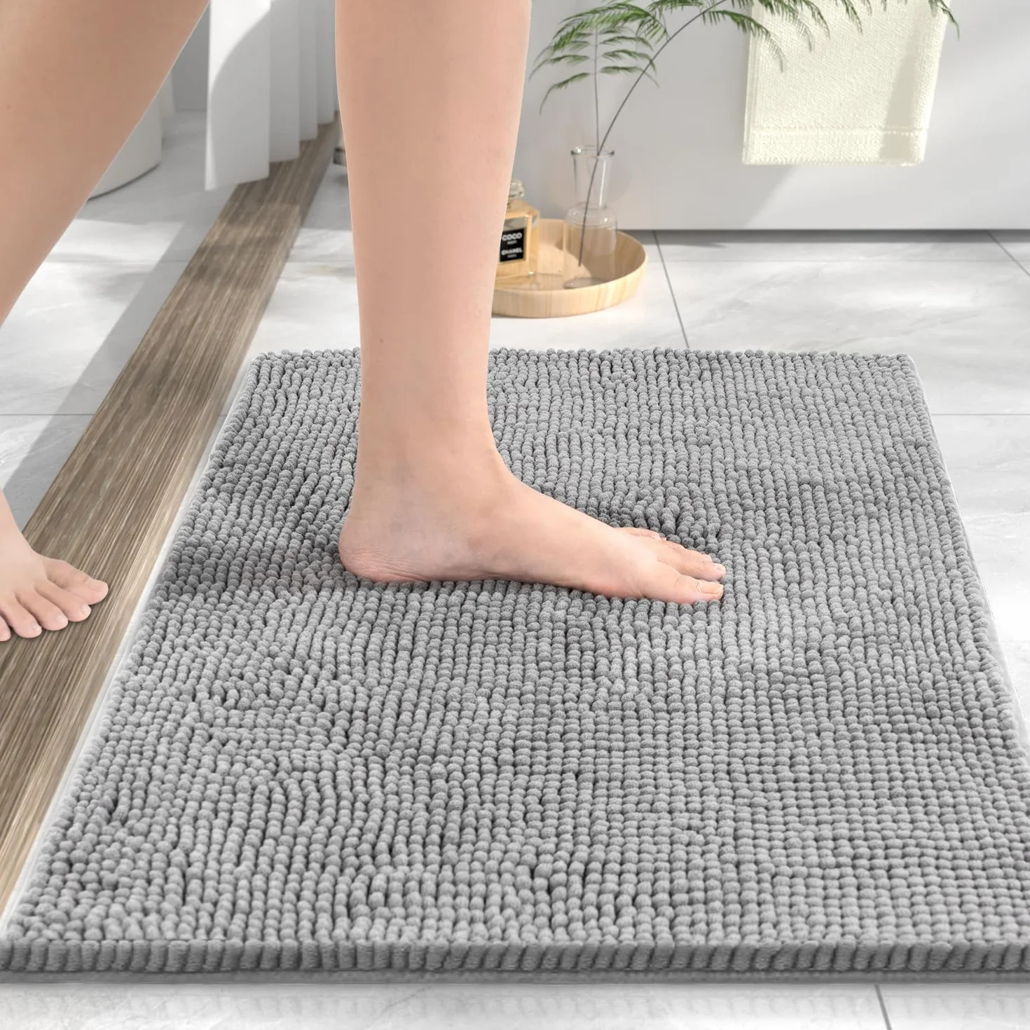 HITSLAM Tapis de Bain en Chenille 60x40cm Antidérapant Super Absorbant Lavable en Machine Gris