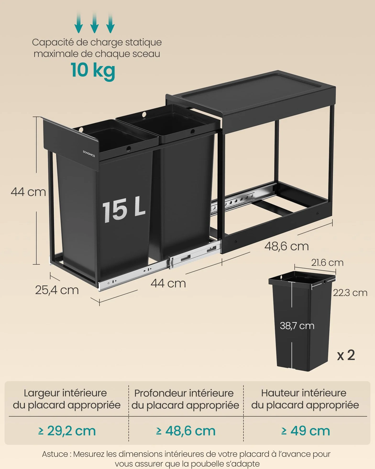 SONGMICS Poubelle de Tri Sélectif Extractible 2x15L Acier Noir LTB950B01