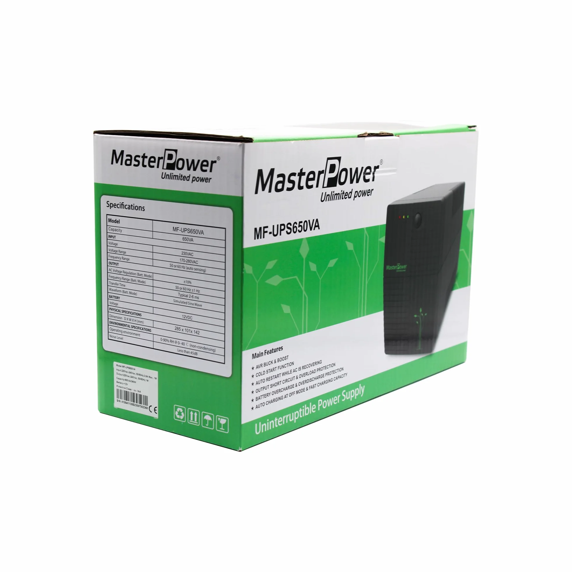 Master Power, Zasilacz bezprzerwowy UPS, UPS 650 VA, stałe napięcie wyjściowe 360 W, 2 gniazda Schuko