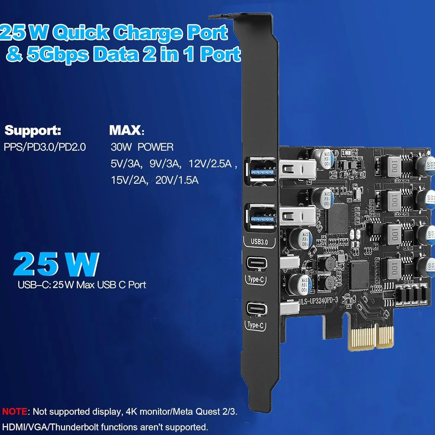 Karta PCIe USB z Power Delivery 25W, karta rozszerzeń PCI Express na USB 3.0 4 porty (2 x Type A + 2 x Type C), szybkie ładowanie z uchwytem Low Profile dla komputera stacjonarnego