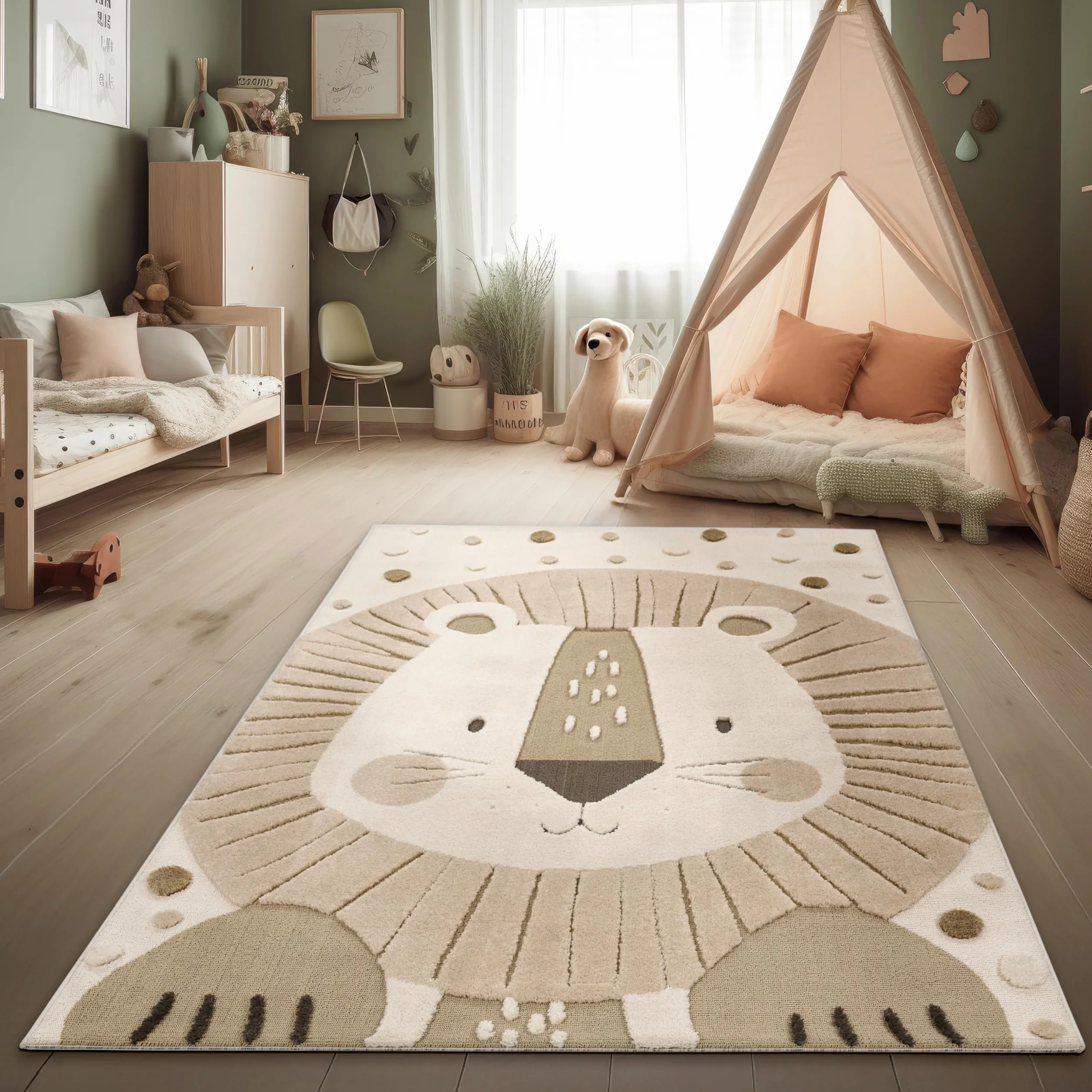 Tapis Chambre Enfant Effet Haut-Bas Motif Lion Couleurs Naturelles Soft-Touch Beige Crème Charbon 80x150 cm
