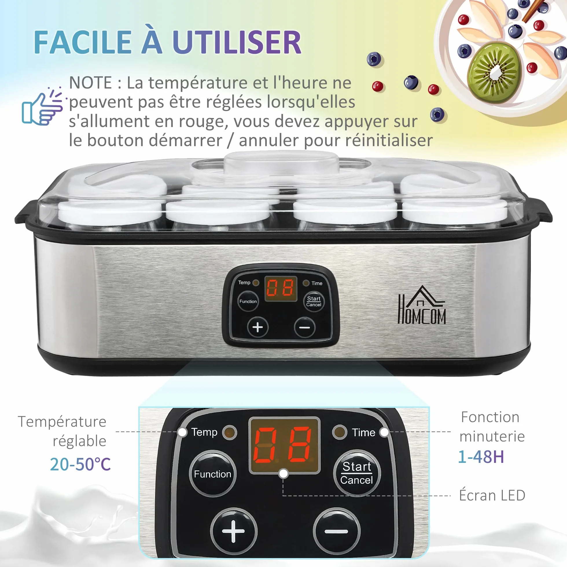 HOMCOM Yaourtière avec 8 Pots en Verre de 180ml, Machine à Yaourt Électrique en Acier Inoxydable avec Minuterie, Thermostat Réglable et Affichage Numérique pour des Desserts Maison Sains