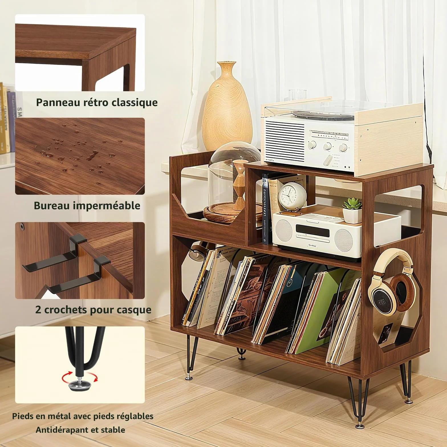 ikkle Grand support de tourne-disque rustique à 2 niveaux avec rangement de disques vinyle, armoire de rangement en vinyle avec pieds en métal, support pour salon, chambre à coucher, peut contenir 370