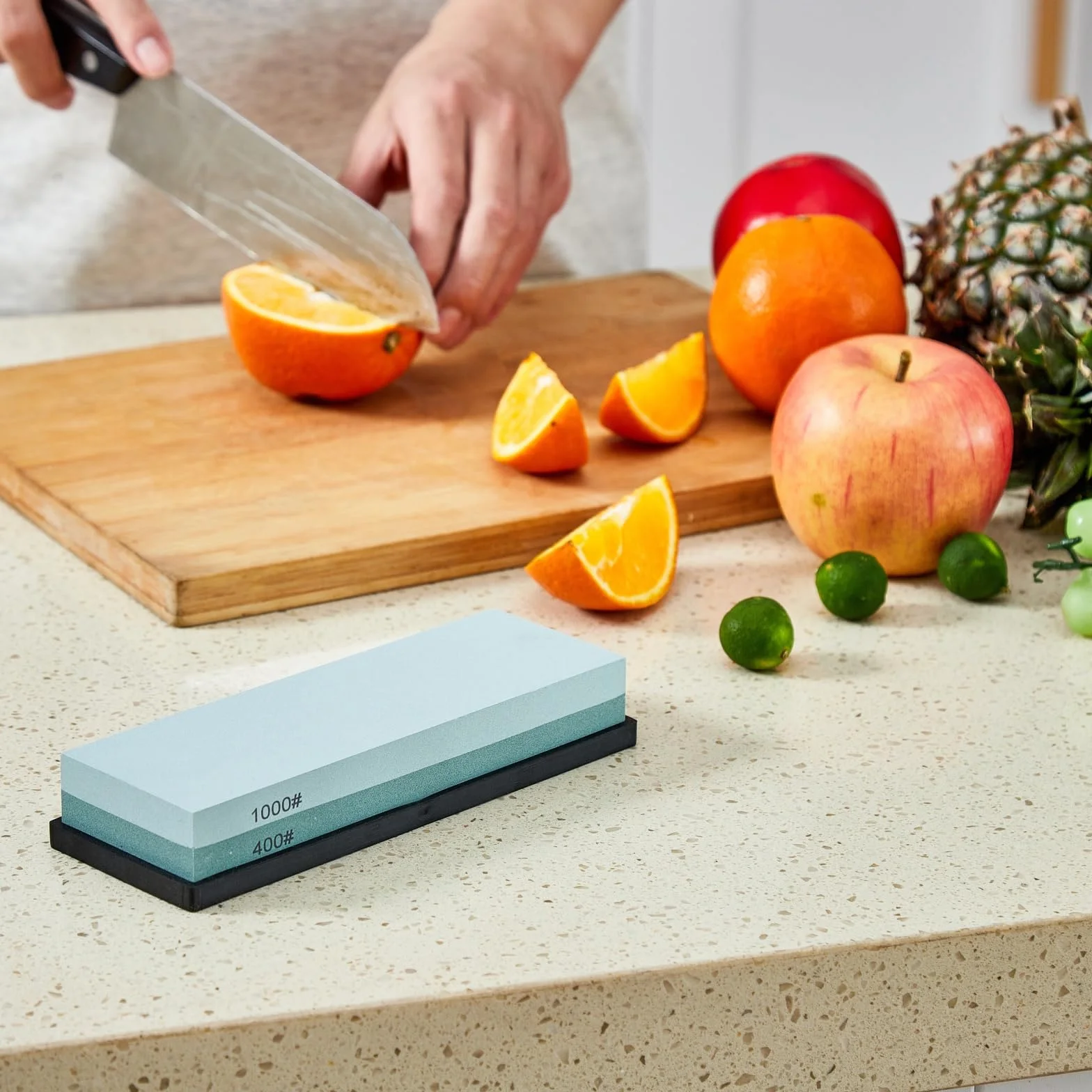 Pierre à aiguiser haut de gamme grain 400/1000, aiguiseur manuel double face avec base antidérapante pour couteaux de cuisine