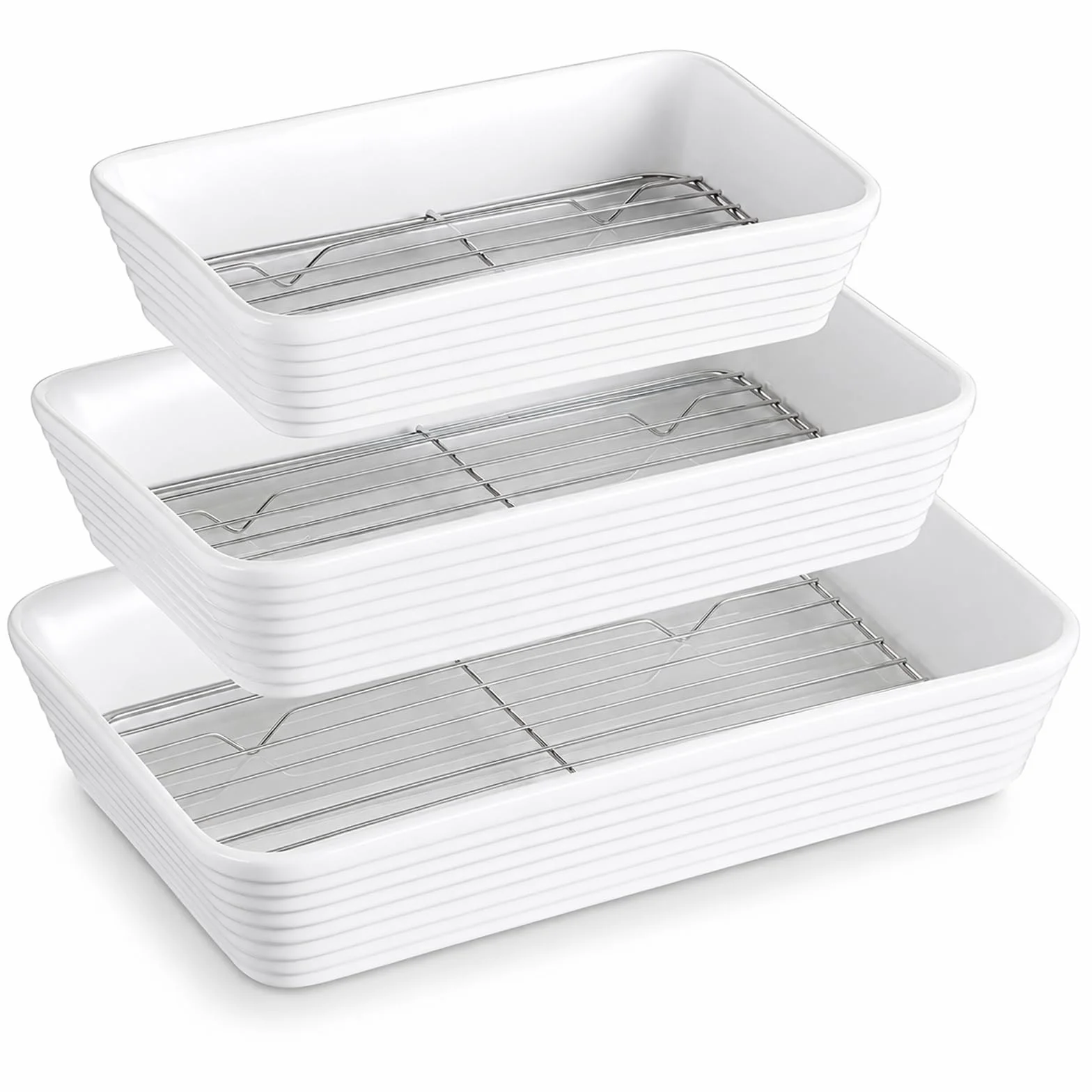 ONEMORE Set de 3 Plats à Four en Céramique avec Support | Formes Rectangulaires pour Lasagne, Tiramisu, Gratins et Préparation de Pâtisseries | 3 Tailles Incluses : 2,8 L, 2 L et 1,2 L
