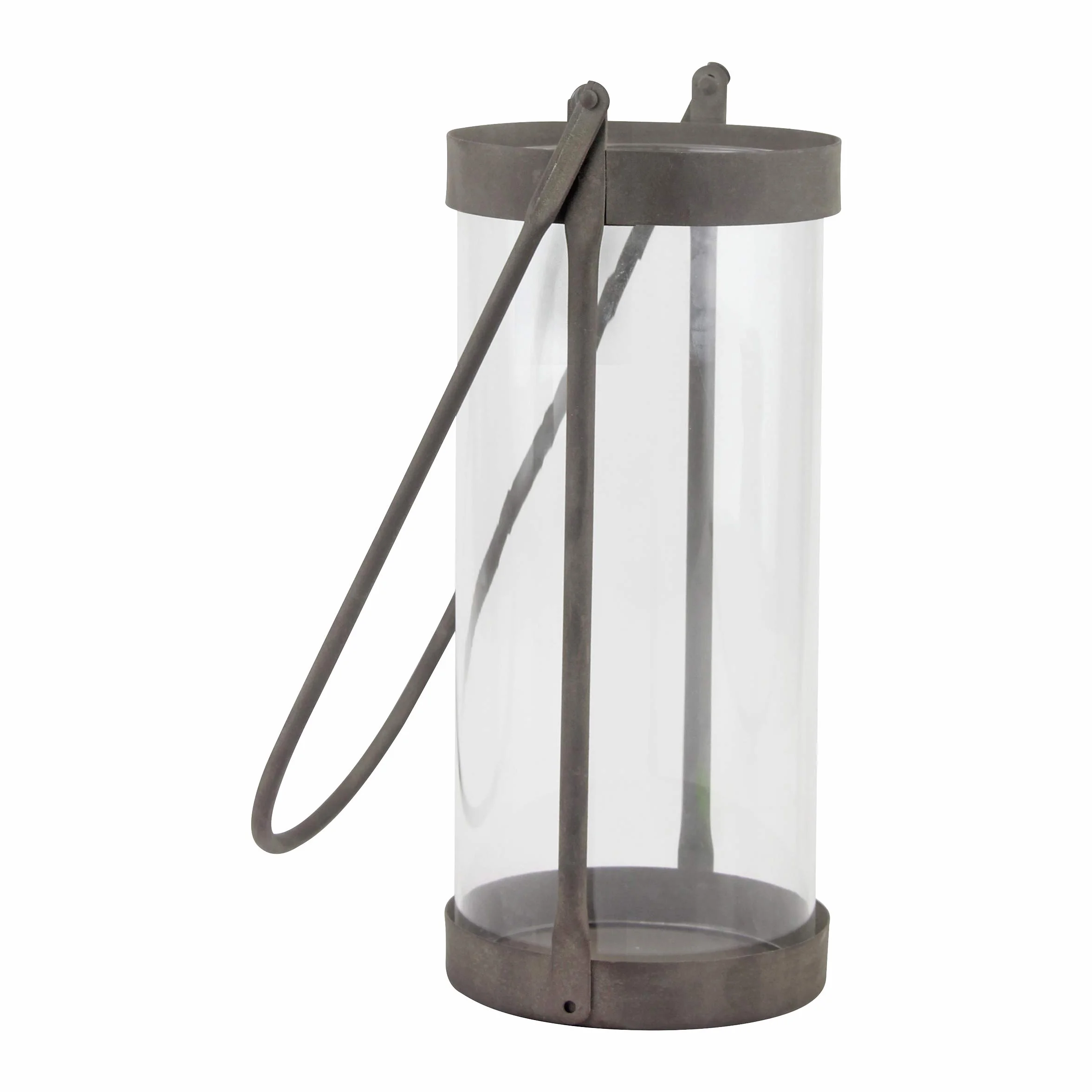 Stonebriar Lanterne à Bougie cylindrique en Verre Industriel avec Cadre et poignée en métal zingué Rustique