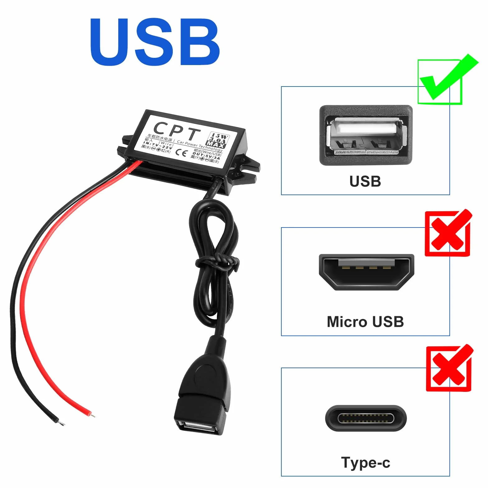 12 V na 5 V USB adapter do samochodu, konwerter DC DC Buck, regulator napięcia, 7 V-22 V, wejście USB 3 A 15 W, 12 V do motocykla, GPS, system monitoringu