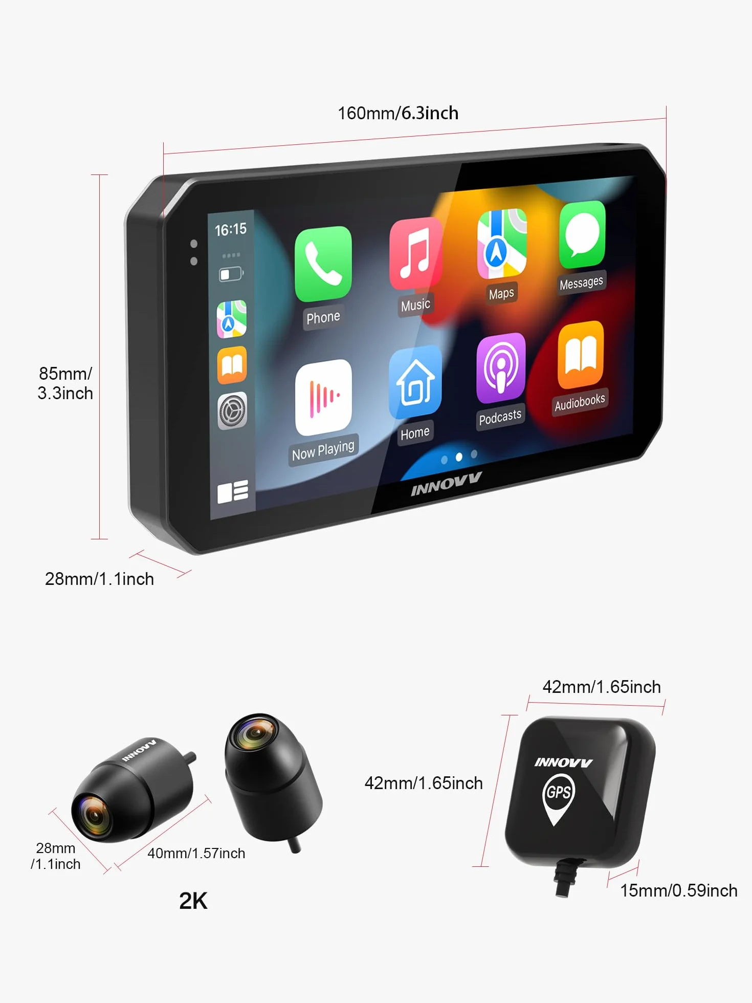 INNOVV N2 Motocyklowa kamera samochodowa Carplay, ekran dotykowy 15.2 cm, obsługa systemu Android Auto i iOS, przednia i tylna kamera 2K + 2K z nawigacją GPS, tryb parkowania, muzyka, Wi-Fi 5,8 G