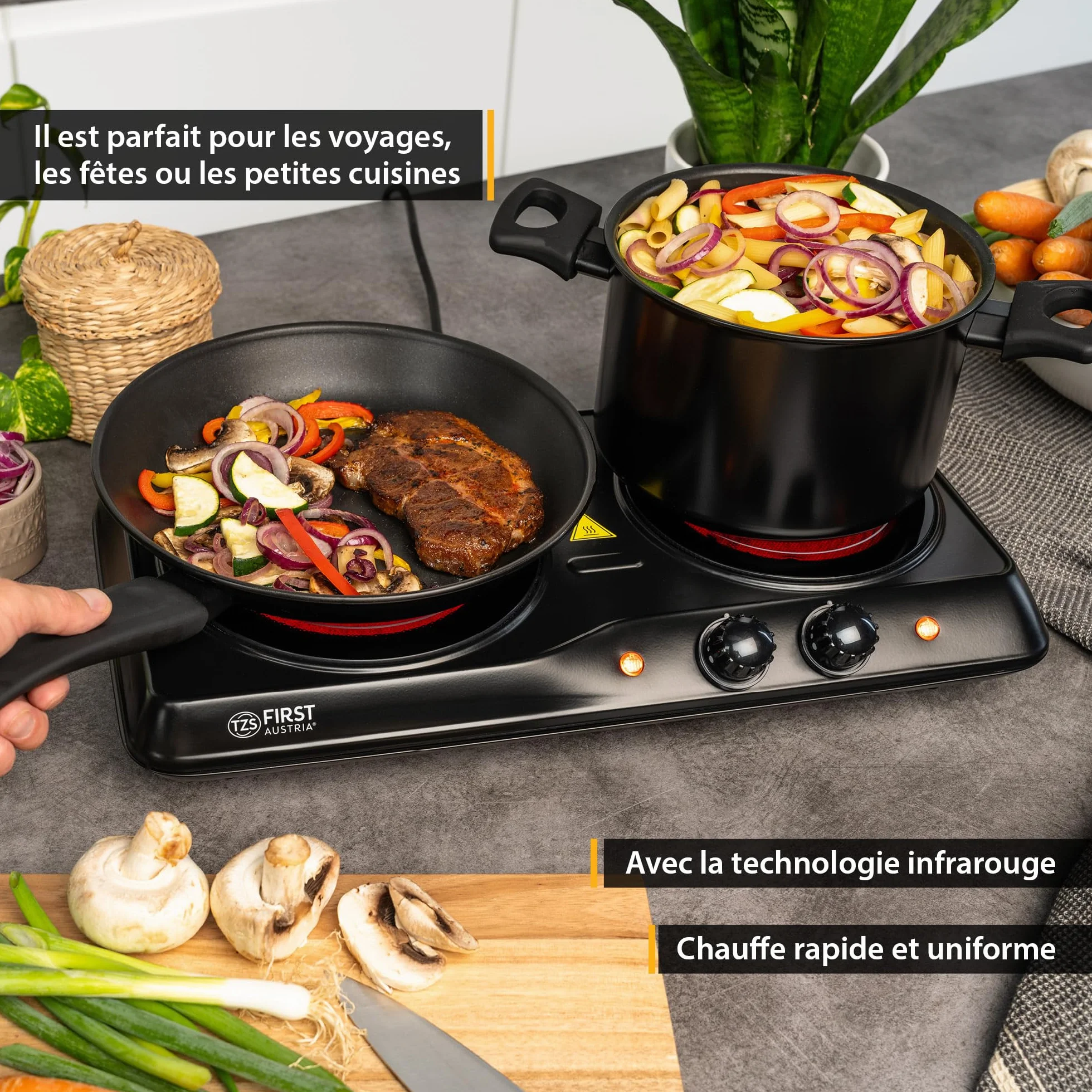 TZS First Austria - Plaque de cuisson double infrarouge vitrocéramique TOUS types de casseroles 2000W - Mini réchaud électrique pour déménagement, camping & maison - Réglage continu & témoin contrôle