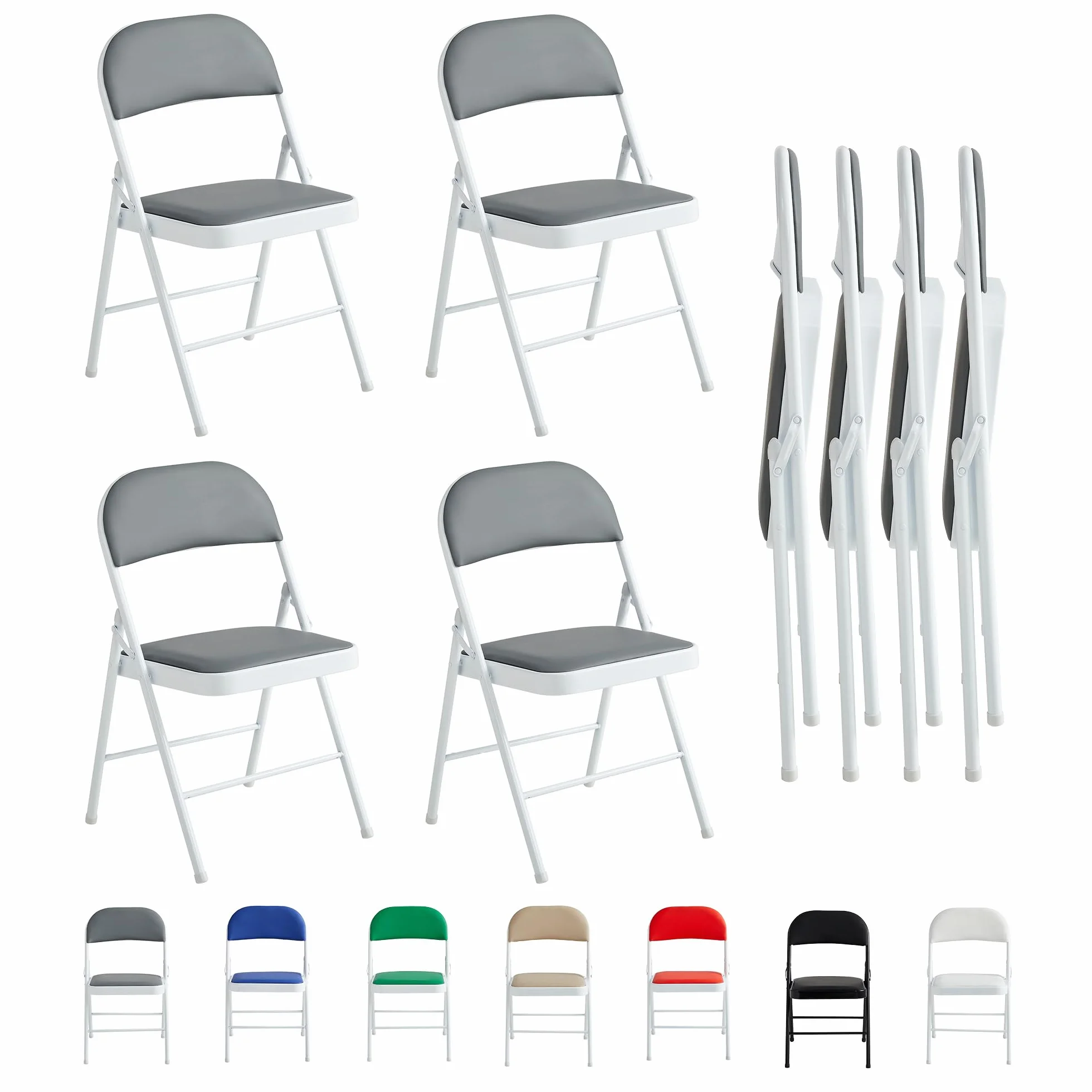 McC Direct Lot de 4 chaises pliantes en similicuir cadre métal siège rembourré facile rangement adaptées maison, bureau, salle à manger, réception (gris)