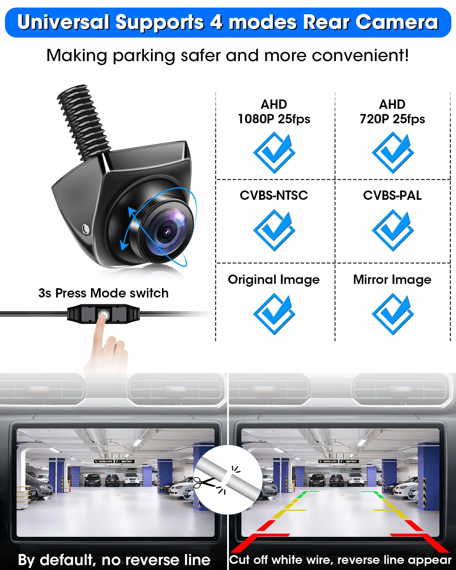 Kamera cofania AHD 1080P/AHD 720P/CVBS/PAL kamera cofania samochodowa obracana o 360° uniwersalna kamera cofania modernizacja noktowizor IP69 wodoodporna 170° szeroki kąt do SUV-a 12 V-24 V
