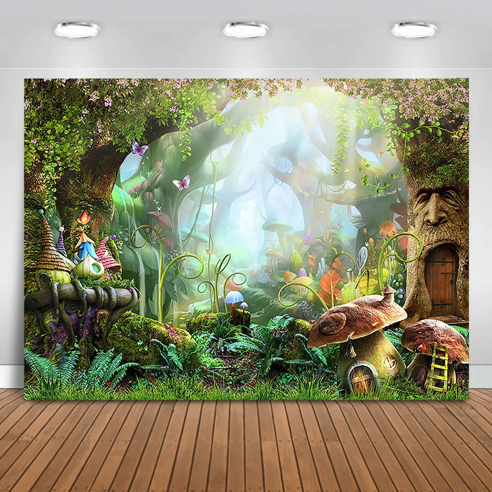 Conte de Fées Forêt Toile de Fond Champignon enchanté Papillon Fantaisie Pays des Merveilles Printemps Fleur Fond pour Enfants bébé fête d'anniversaire