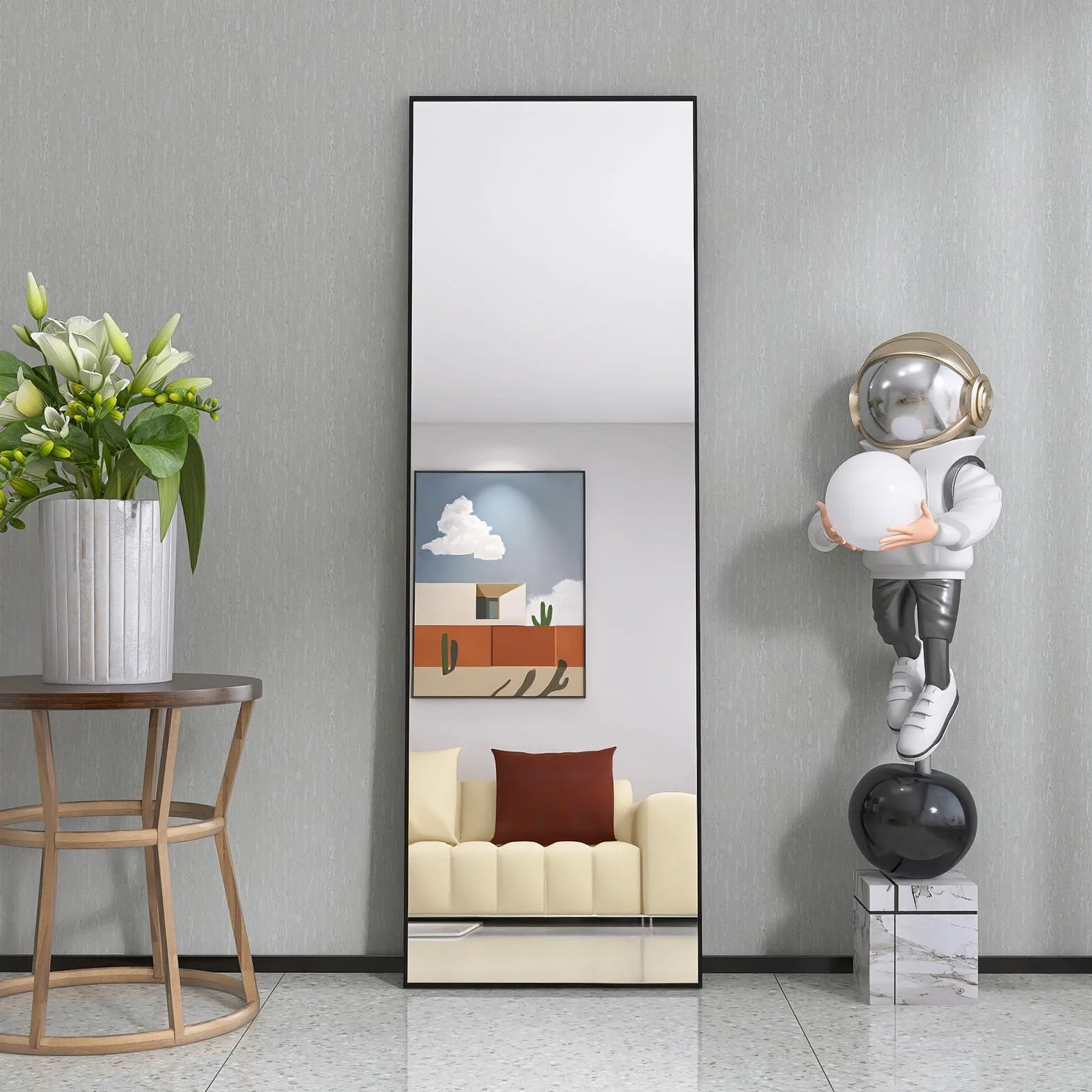 PerGar Grand Miroir Mural Moderne sur Pied, à Poser ou à Suspendre, avec Cadre en Aluminium, pour Salon et Chambre à Coucher, Noir, 165 x 60 cm