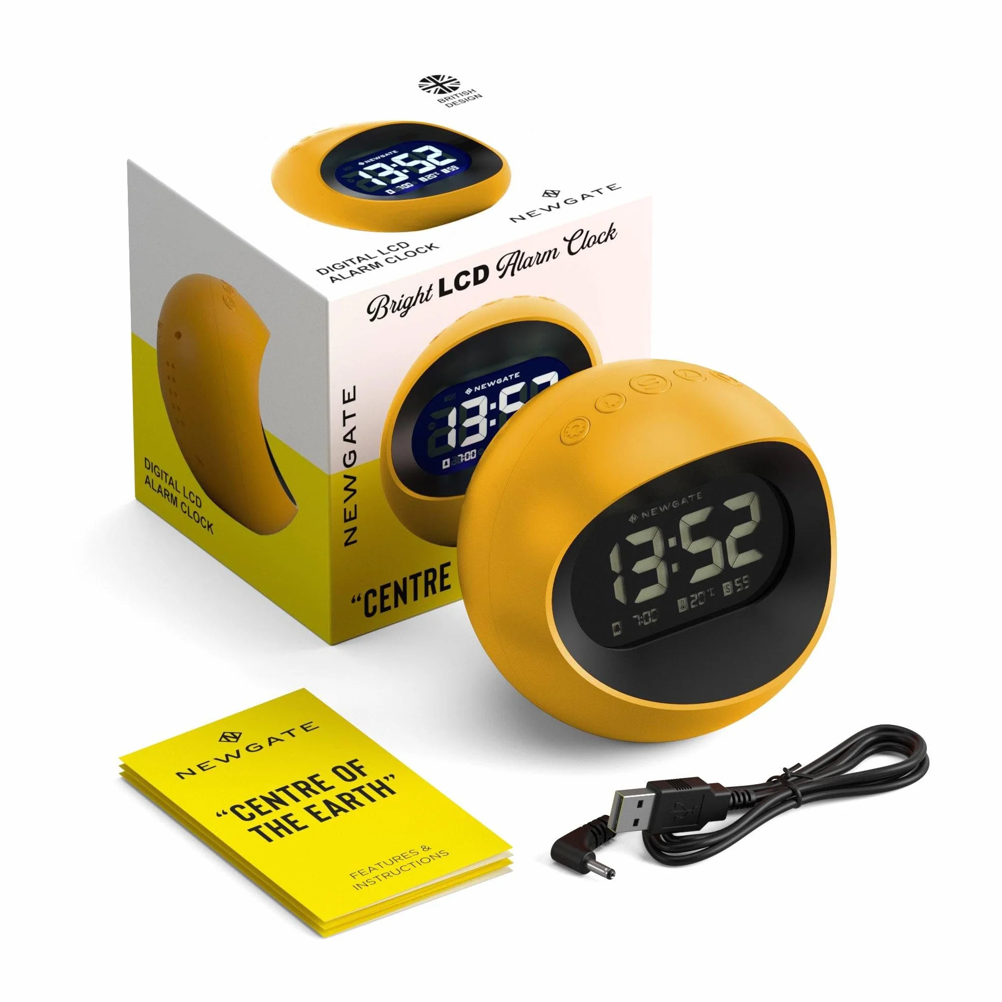 NEWGATE® Centre of The Earth réveil | Horloge LCD numérique rétro Ronde | Jaune | Idéal pour Chevet, Bureau ou étagère | Accessoire rétro pour Chambre à Coucher et Bureau