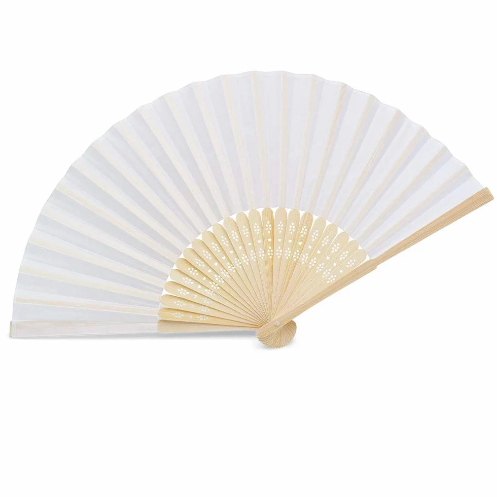 OLILLY - 50 Eventails de Qualité en Tissu Blanc et Bambou (Blanc, 50 Eventails) Pour Mariage et fiançailles