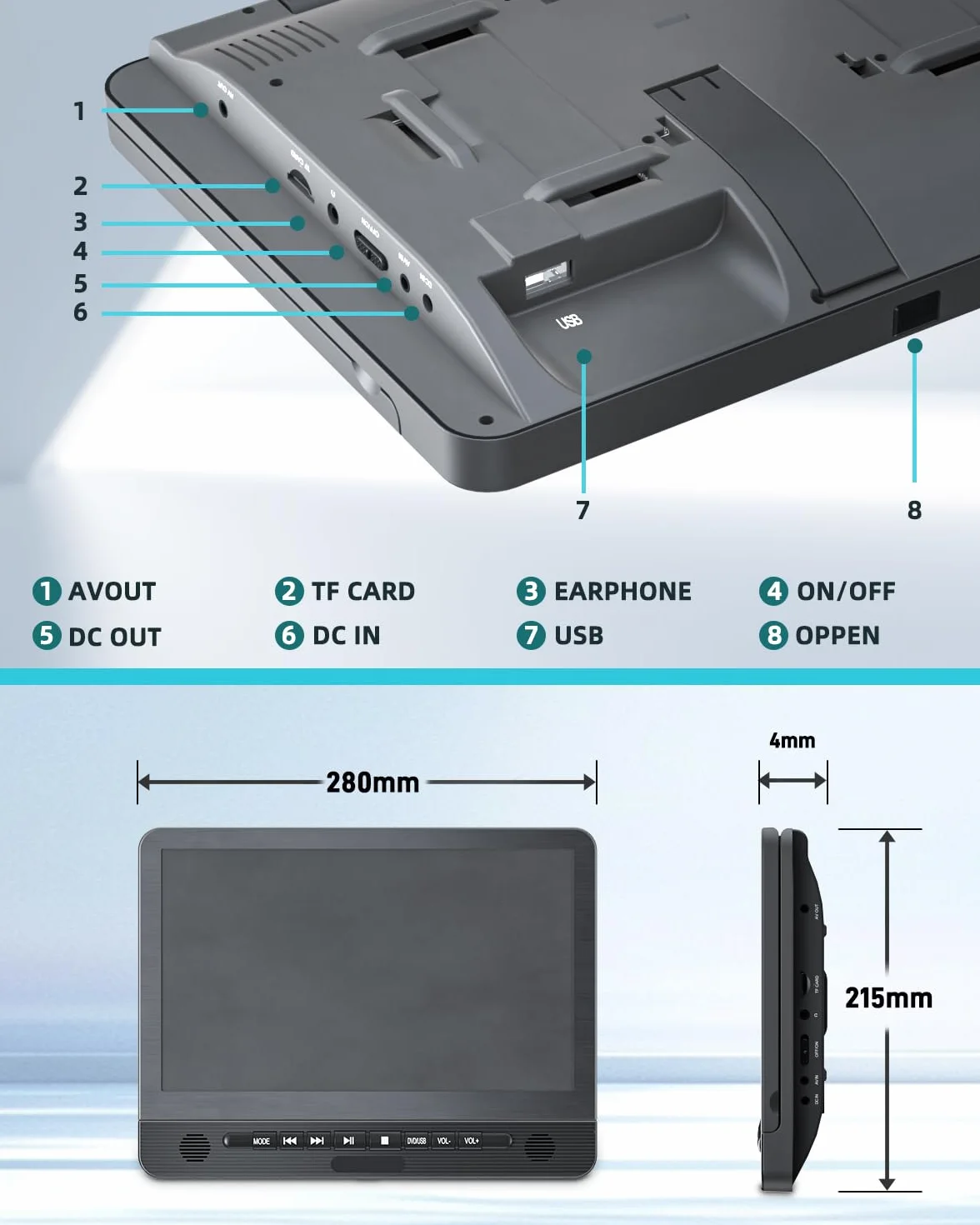 DESOBRY 12.5'' Samochodowy odtwarzacz DVD 2-ekran z 5-godzinną akumulatorką, dwa ekrany samochodowe, zagłówki TV Dzieci TV Ostatnia pamięć USB AV In/Out 12V