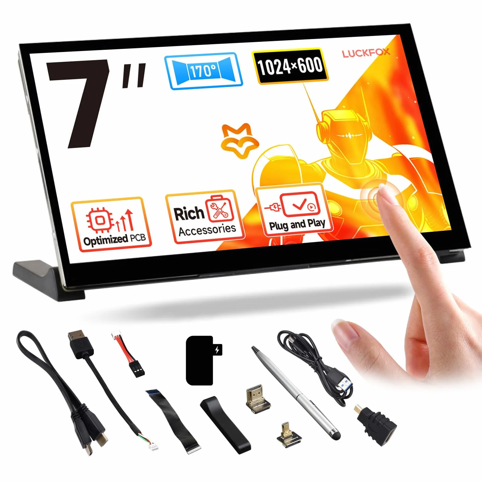 LUCKFOX przenośny ekran dotykowy 7" 1024 x 600 IPS monitor LCD, drugi 5-punktowy ekran dotykowy Plug and Play
