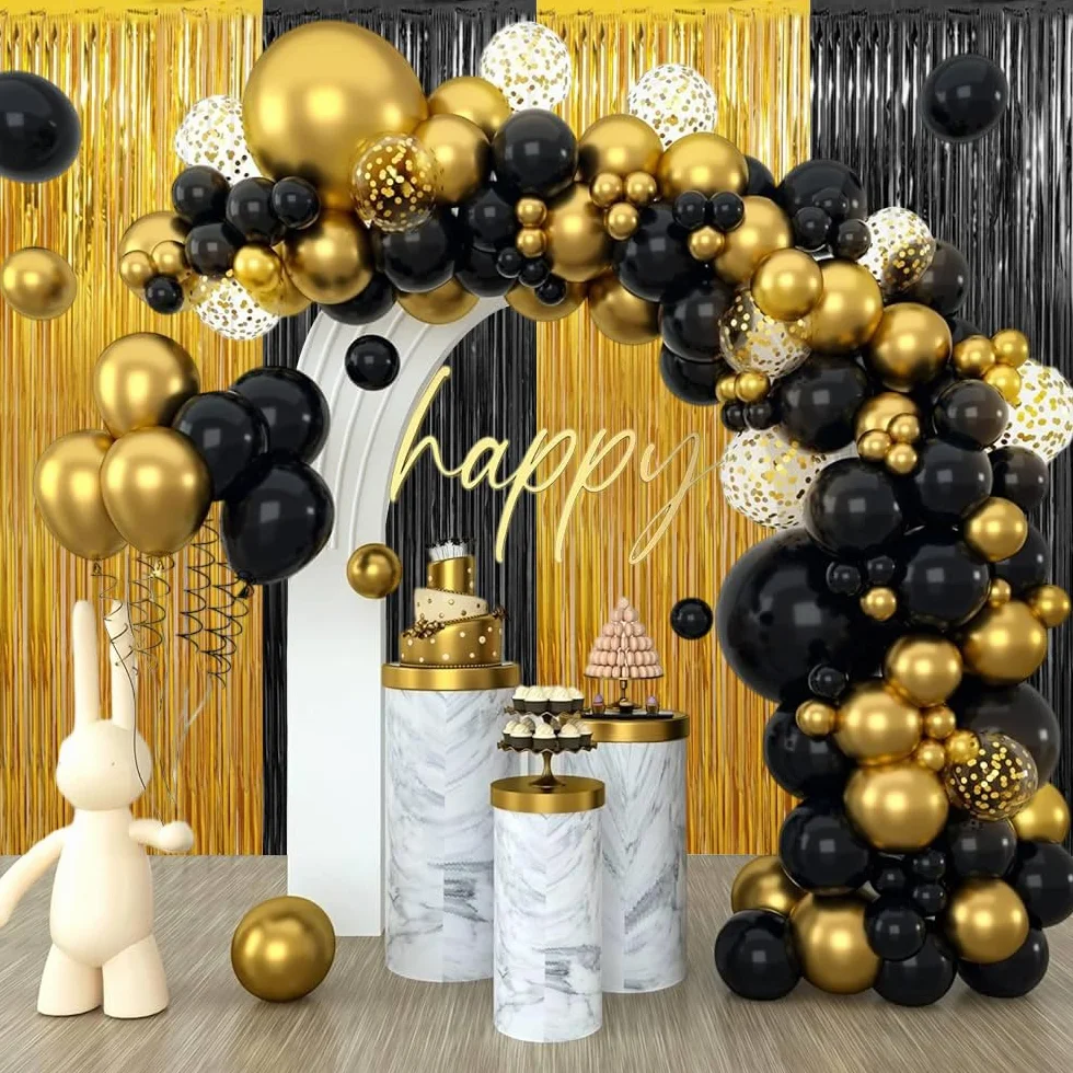 Rideau Frange Anniversaire Noir et Doré 1m x 2m Métallique Brillant Paillette pour Mariage