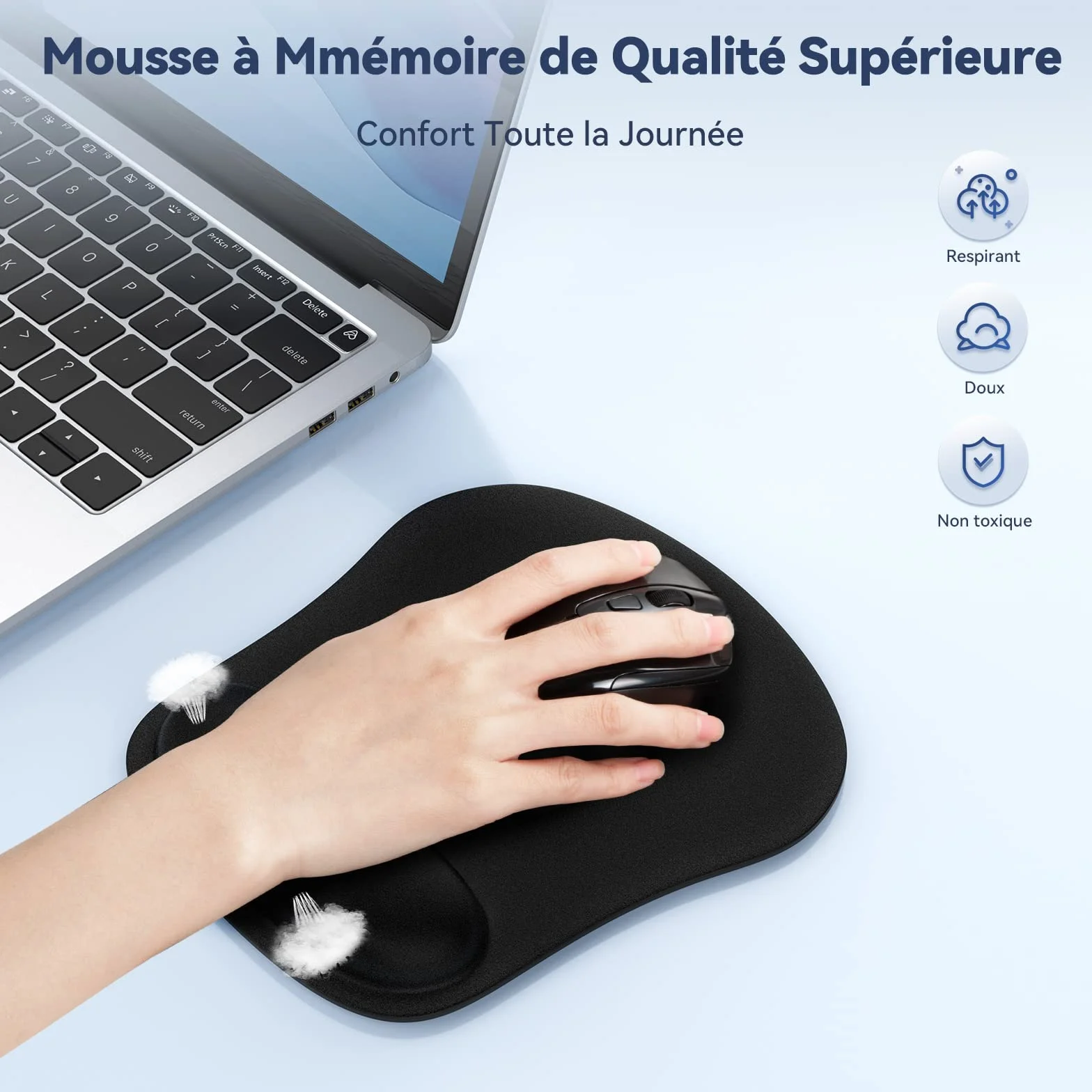 TECKNET Tapis de Souris Ergonomique avec Repose Poignet, Mousse à Mémoire de Forme, Lavable