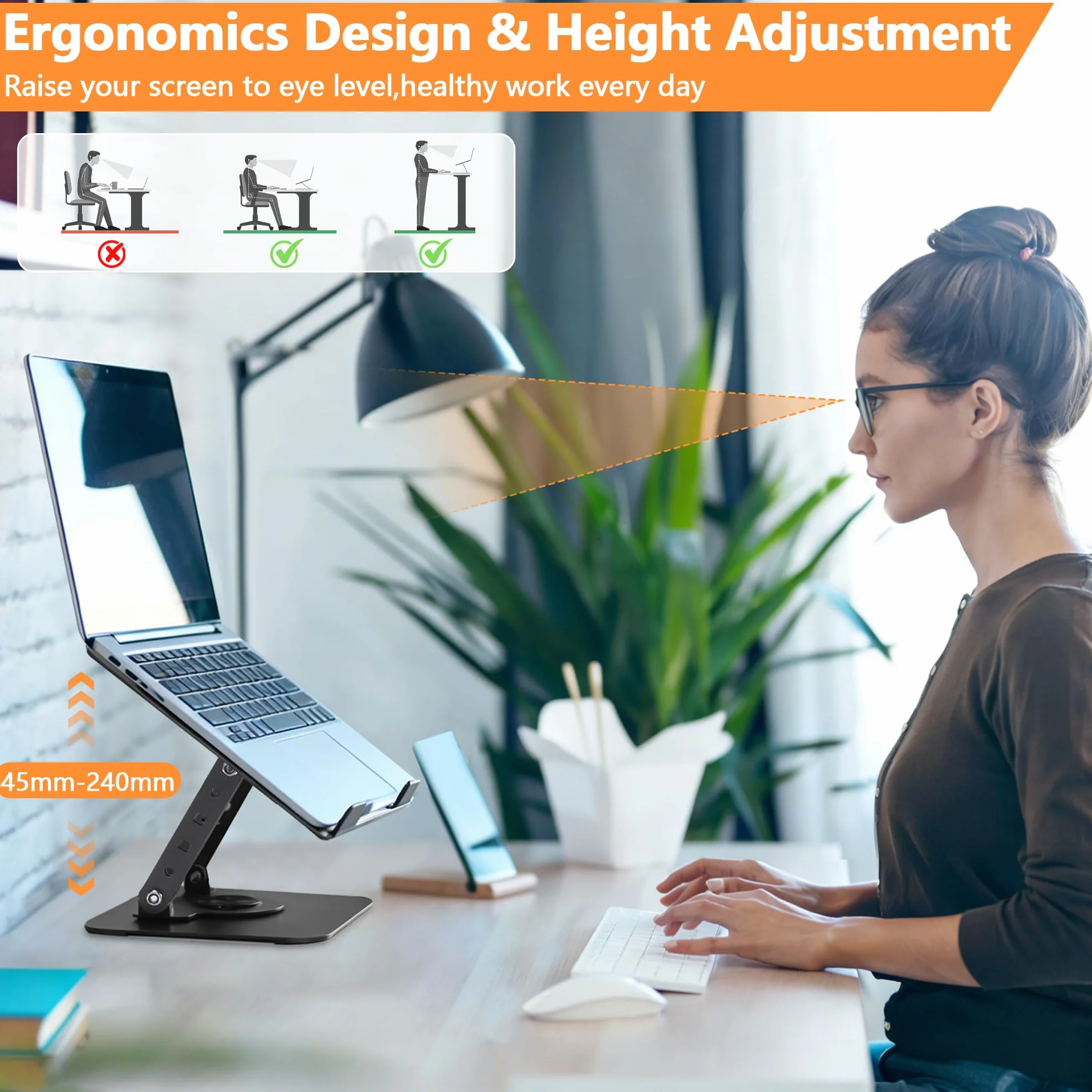 Rybtd Stojak na laptopa, regulowany stojak na laptopa, stojak na notebooka z podstawą obracającą się o 360°, ergonomiczny stojak na laptopa, wentylowany składany stojak na laptopa Laptop Riser