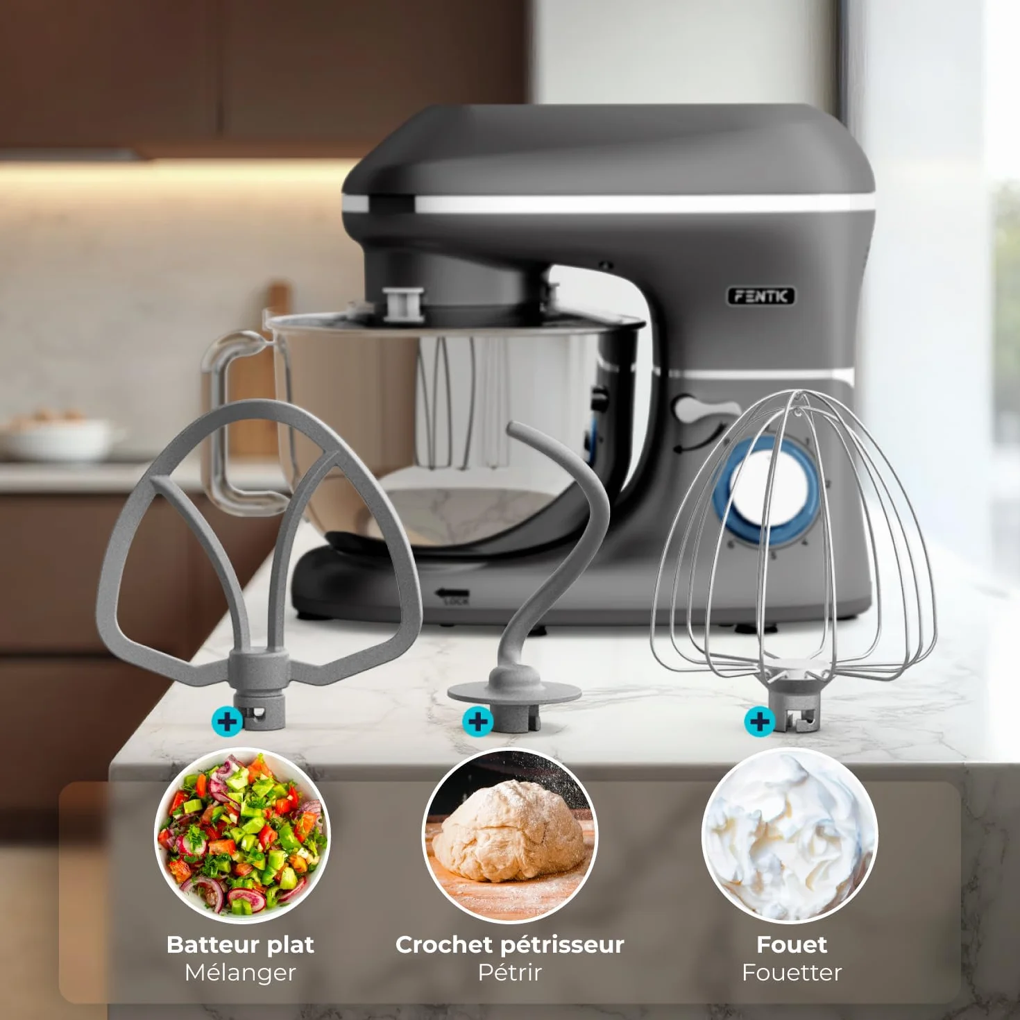 Robot Pâtissier – 2000W – Bol mélangeur en acier inoxydable (6,2L) – Avec fouet, Crochet pétrisseur et Batteur plat – Incl. et accessoires supplémentaires (Anthracite)