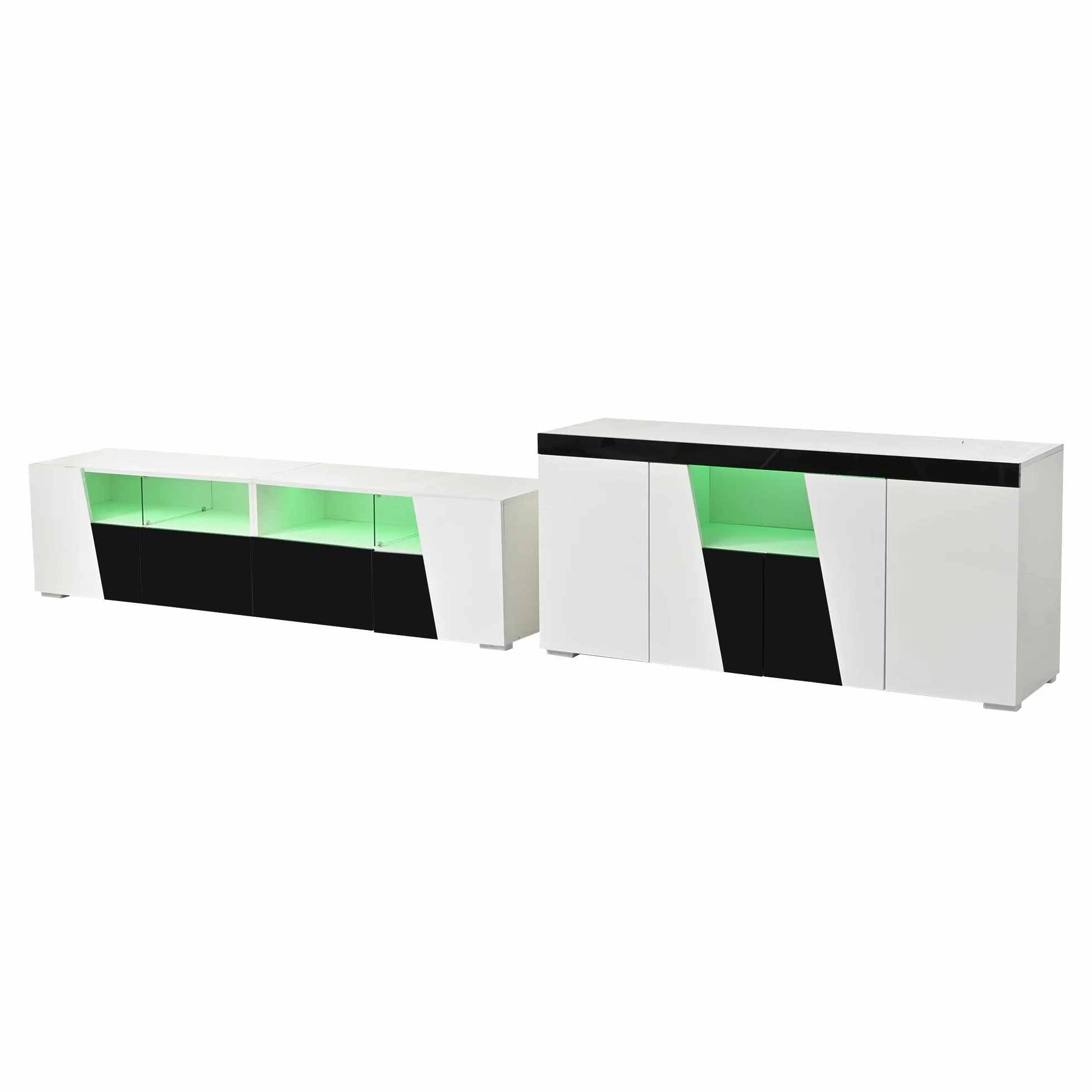 OKMYHOME Ensemble Meuble TV et Buffet avec LED Finition Haute Brillance 180 cm + 140 cm Blanc Noir