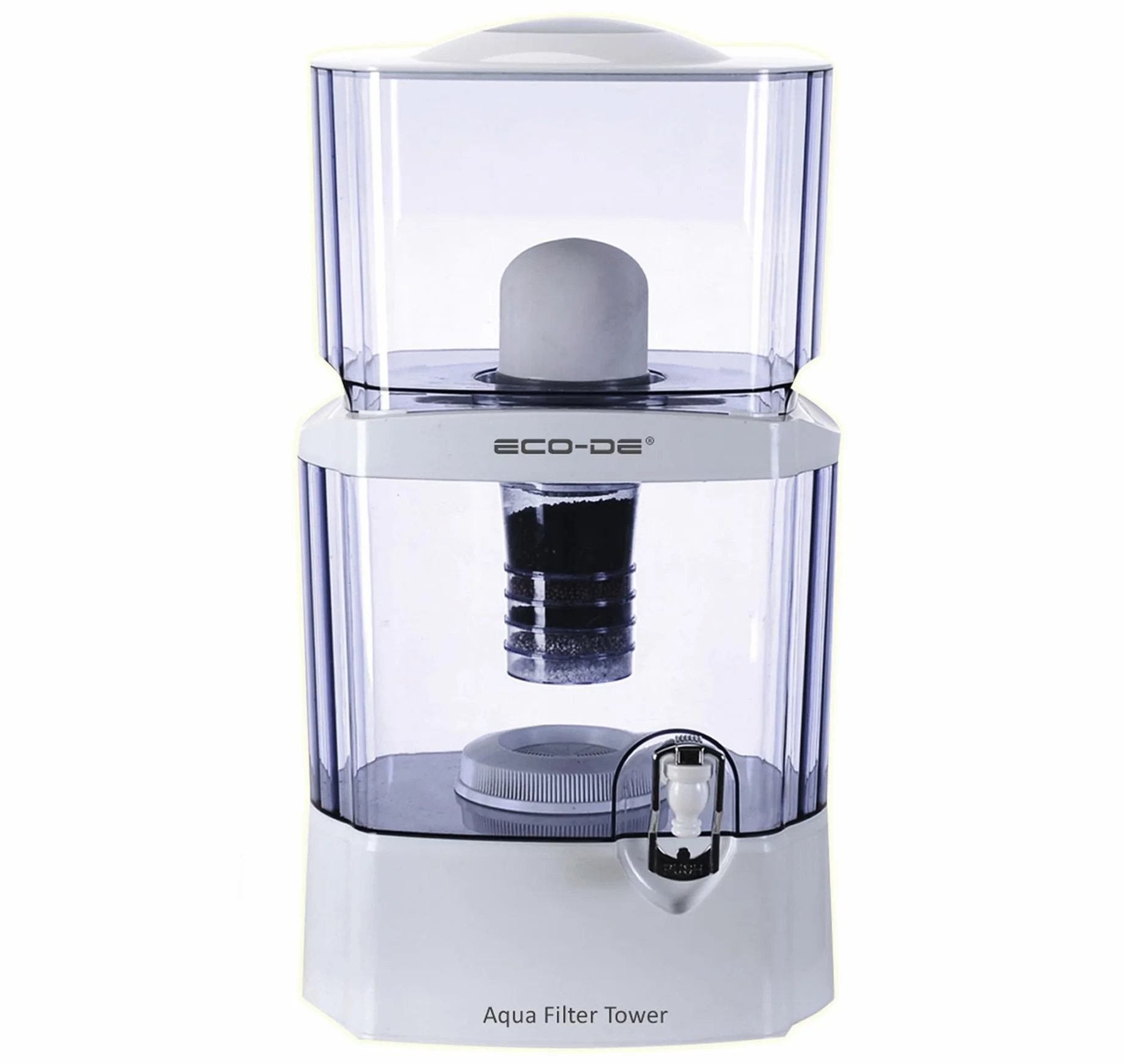 ECODE® Distributeur d'eau filtrée, Aqua filter tower, Purificateur d'eau, 8 systèmes de filtrage, Réduit PFAS, Calcaire, Chlore, Métaux,Filtre Céramique, Carbone,Pierres Naturelles, 24 litres totales