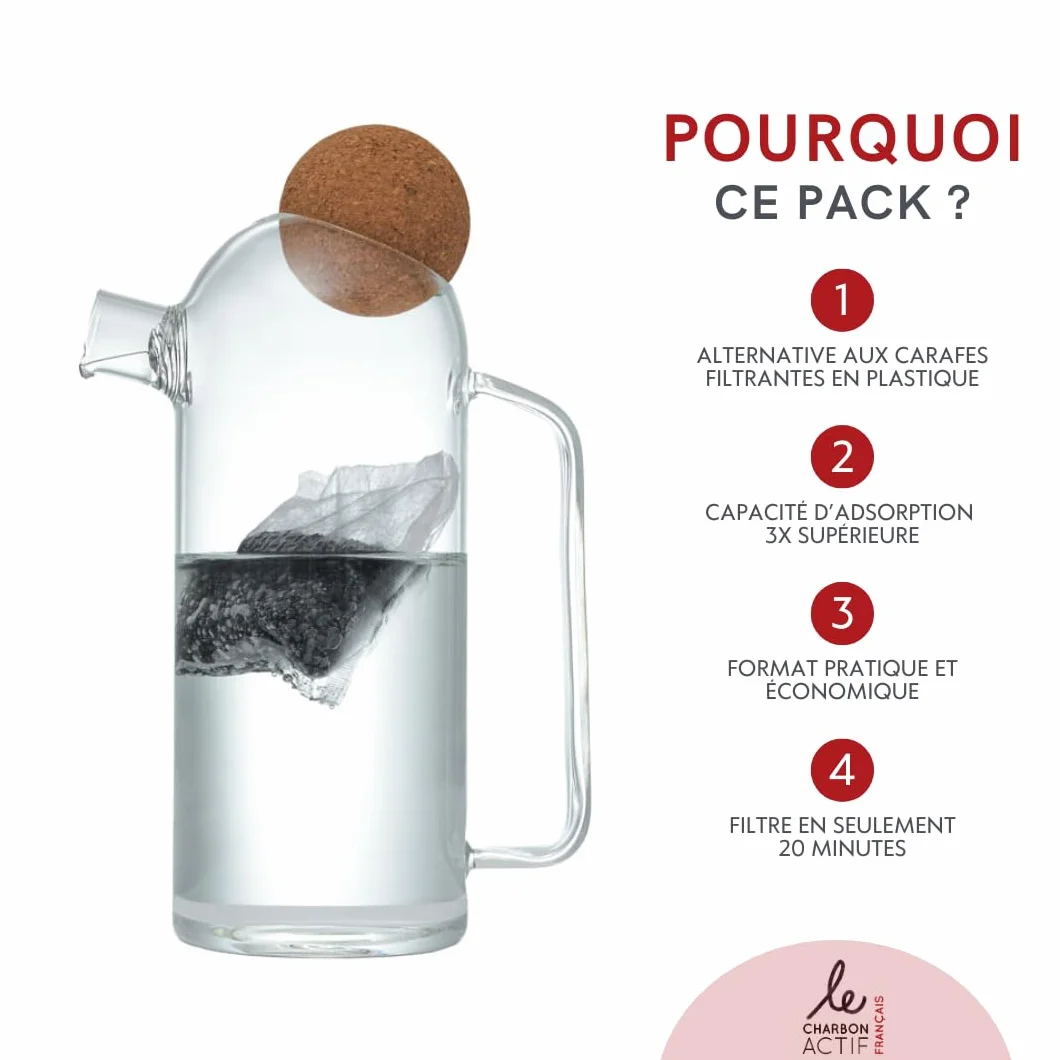Carafe Filtrante en Verre 1L - inclus 2 cartouches filtrantes au charbon végétal activé sans BPA - Filtre eau du robinet réduit PFAS calcaire chlore pesticides métaux lourds