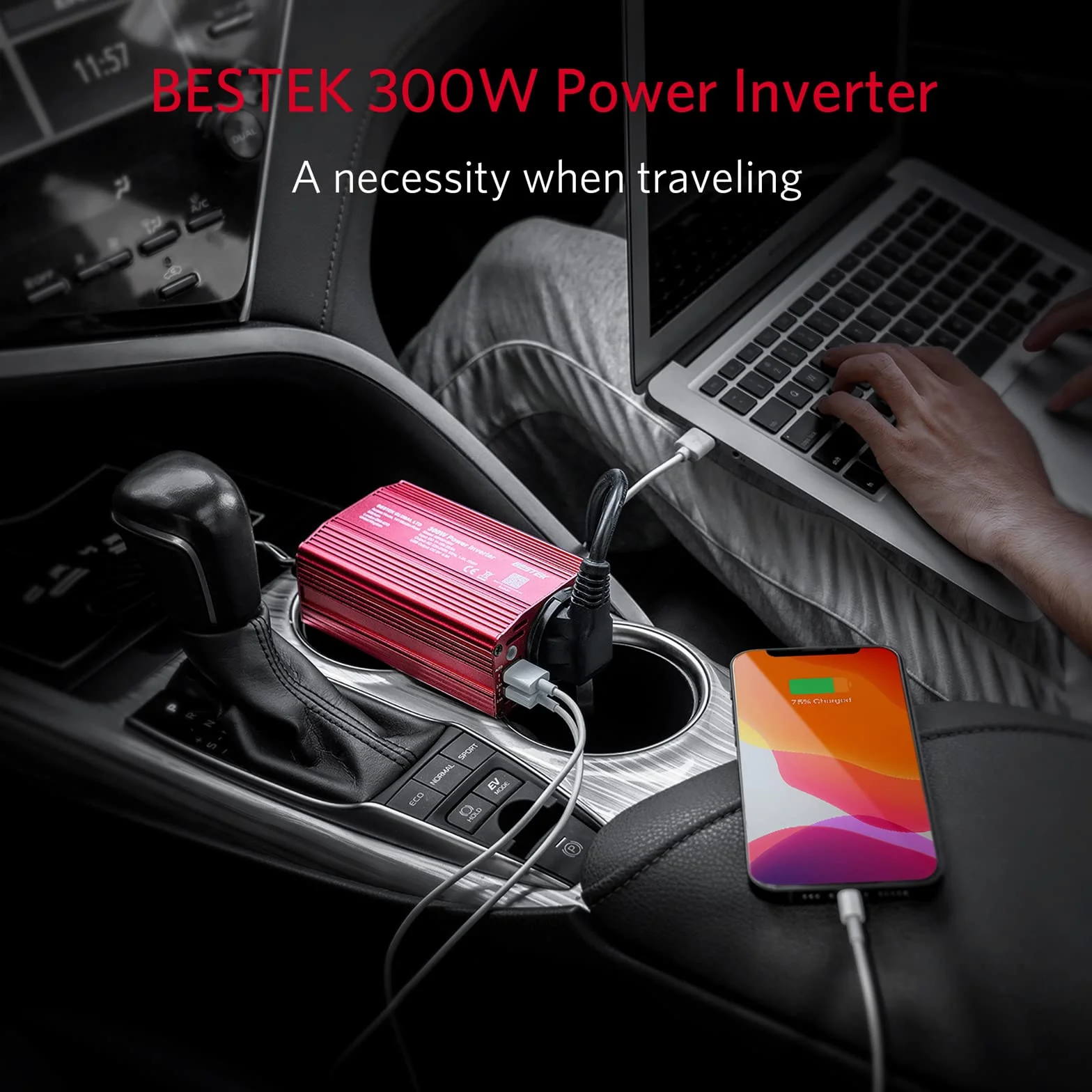 BESTEK Przetwornica napięcia 12 V 230 V 300 W zmodyfikowany falownik sinusoidalny 12 V na 230 V z gniazdem AC i 2 portami USB w zestawie wtyczka zapalniczki samochodowej, czerwona