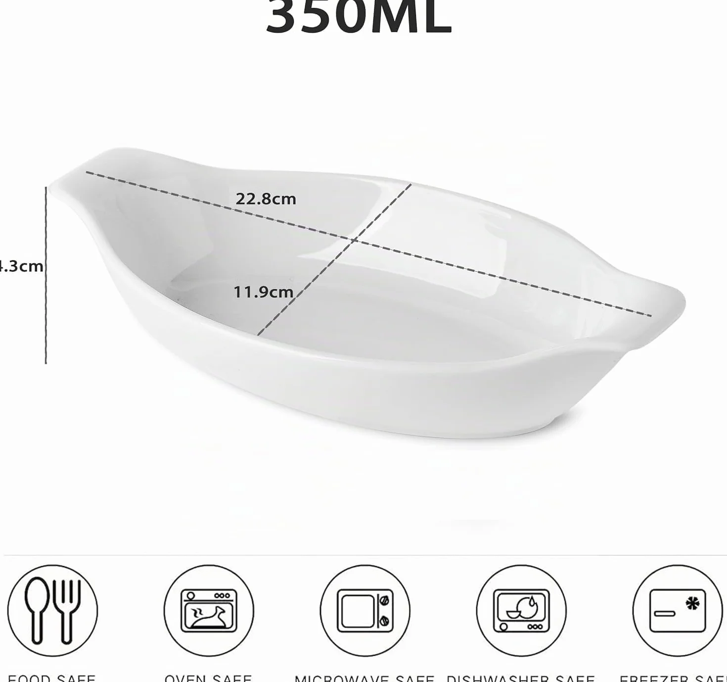 Lot de 6 Petits Plats de Cuisson en Céramique, Plat a Gratin Individuel Four 350 ml - 22,8 x 11,9 x 4,3 cm, Plats de Cuisson Ovales avec Poignées, Allant au Four et au Micro-ondes