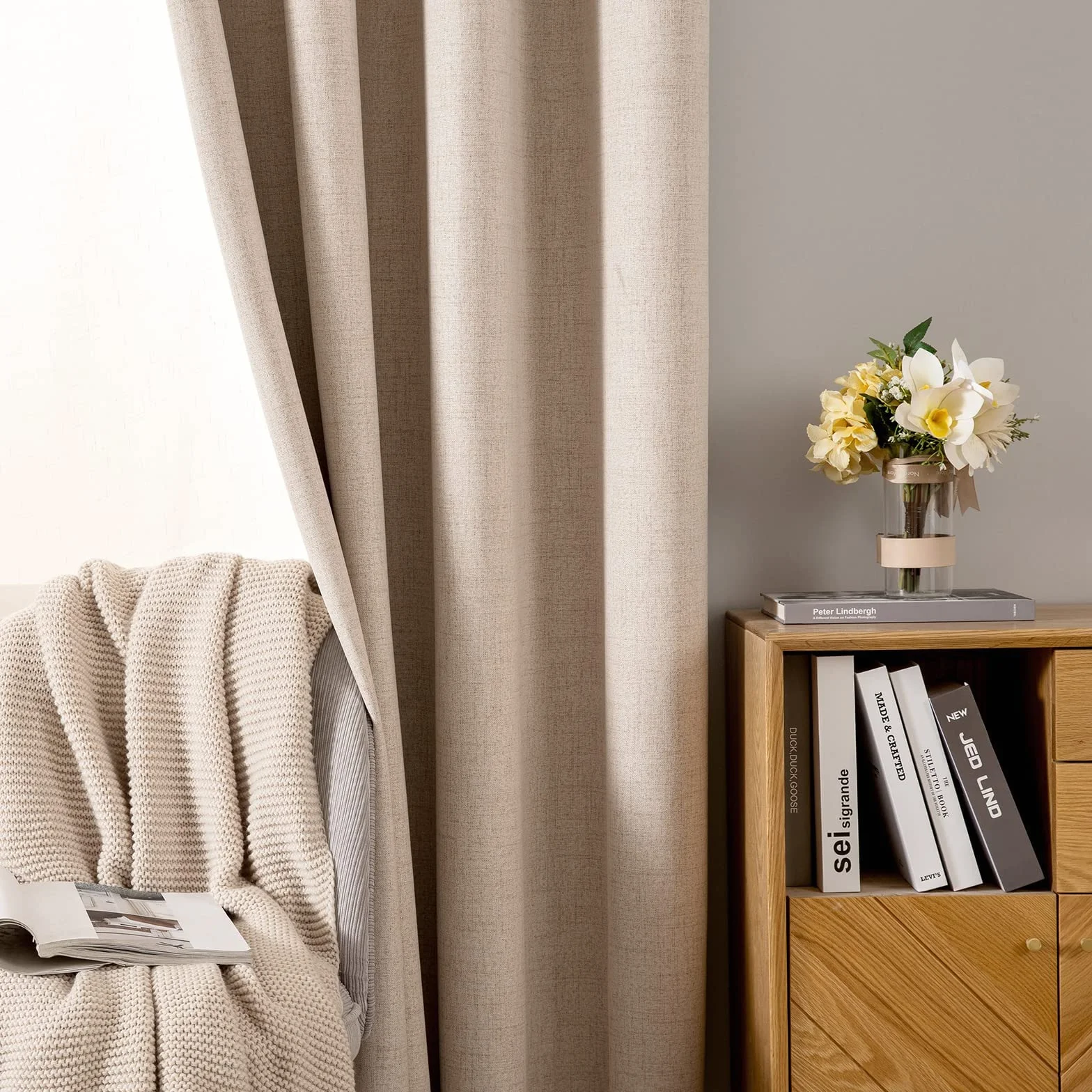 MIULEE Rideaux Opaques Thermiques avec Oeillets Lin 100% Opaques Lot de 2, 140 x 225 cm Beige