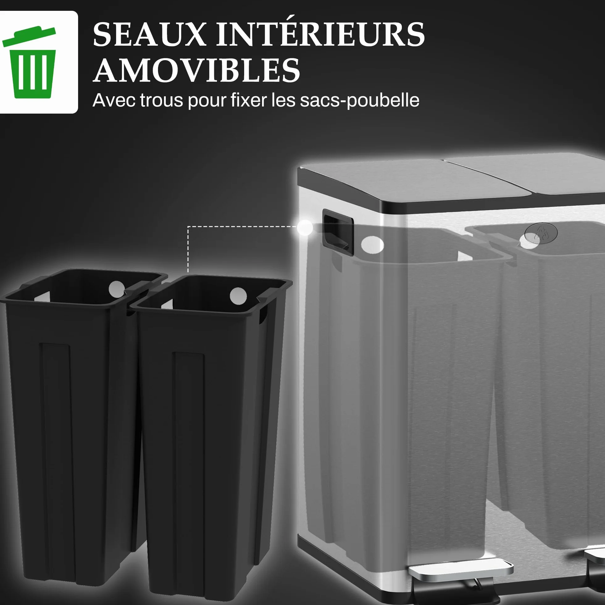 HOMCOM Poubelle à Double Compartiment 2x20L, Acier Inoxydable, Pédale, Couvercle Doux, Argent