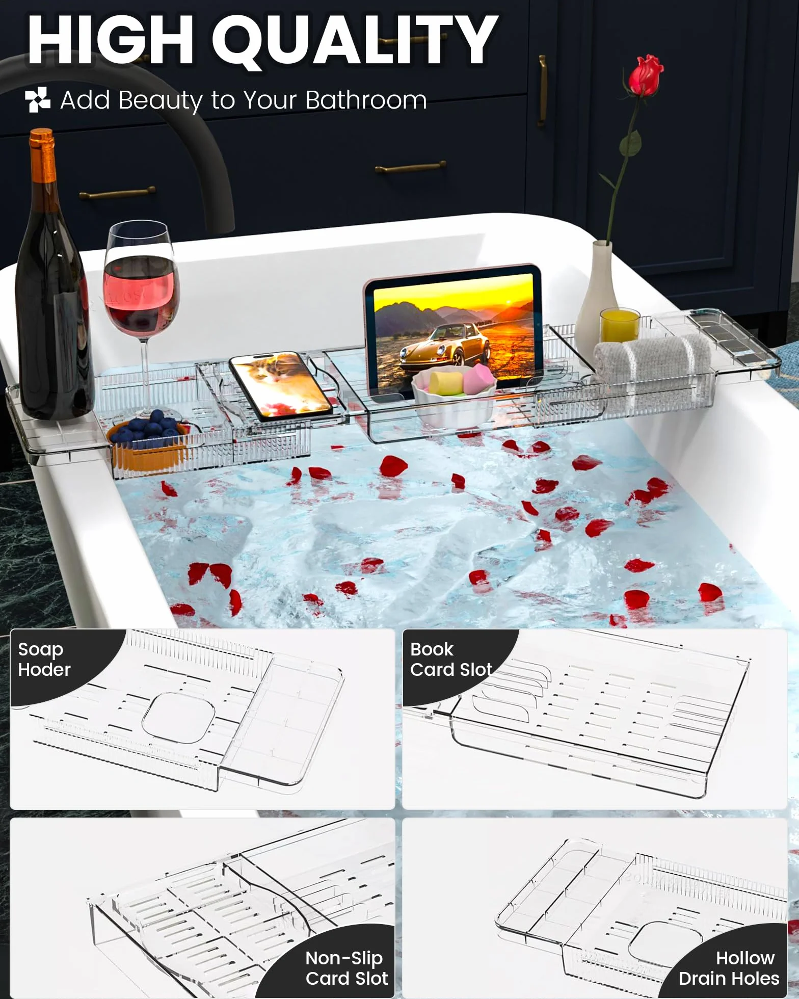 Plateau Baignoire Extensible en Acrylique avec Support pour Bougie, Verre, Livre, Tablette, Ipad et Téléphone