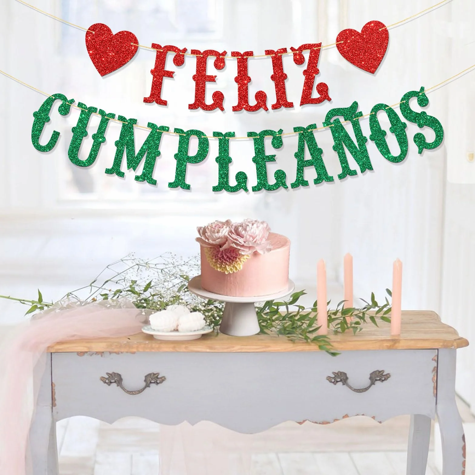 Feliz Cumpleaños Bannière Guirlande espagnole Happy Birthday Décorations fête anniversaire Rouge vert pailleté