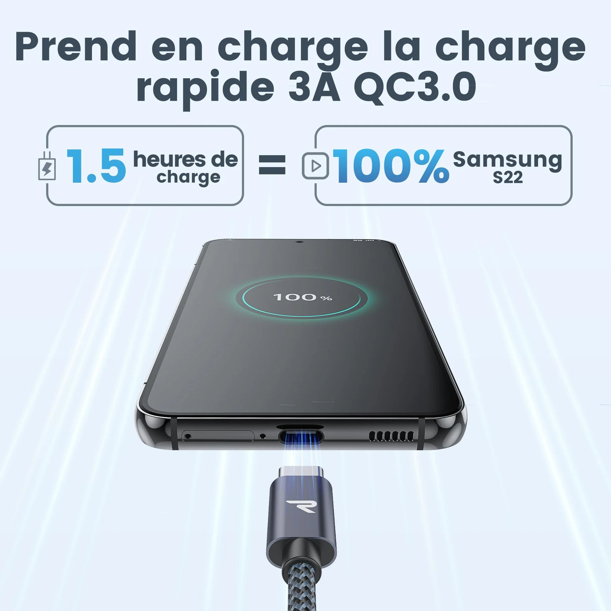 RAMPOW Cable USB C Charge Rapide 3A USB3.0 QC3.0 Nylon Tressé Compatible iPhone 17 Pro Max Air 16/15 Samsung S22 S21 S20 S10 Xiaomi Sony Gris Sidéral 1M