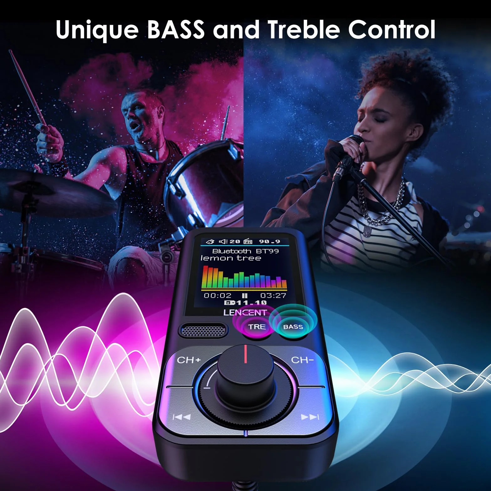 LENCENT 5.0 Samochodu Nadajnik FM Bluetooth z Adapter AUX, Bezprzewodowy Adapter z Szybka Ładowarka QC3.0 USB-A, Zestaw Głośnomówiący, Wzmocnienie Tonów Wysokich i Niskich Muzyki HiFi, Obsługa Kart TF