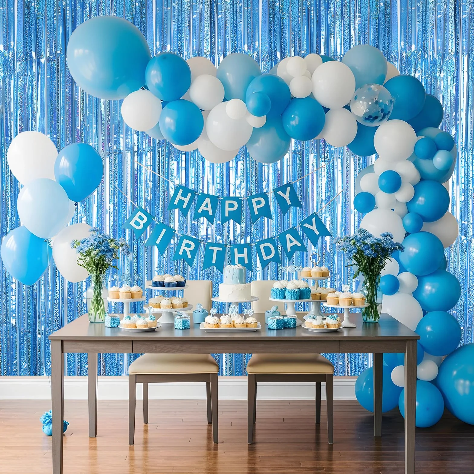 Rideau Anniversaire Métallique Tinsel Bleu 1m x 2m Décoration Fête Photo Soirée