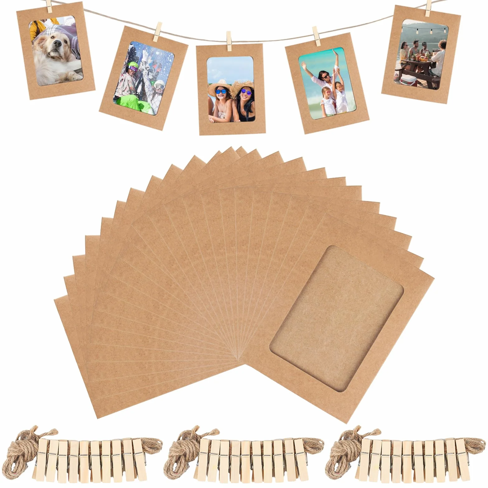 Cadres en Carton Kraft Papier avec Pinces en Bois et Corde de Chanvre, Décoration Murale (jaune lin)