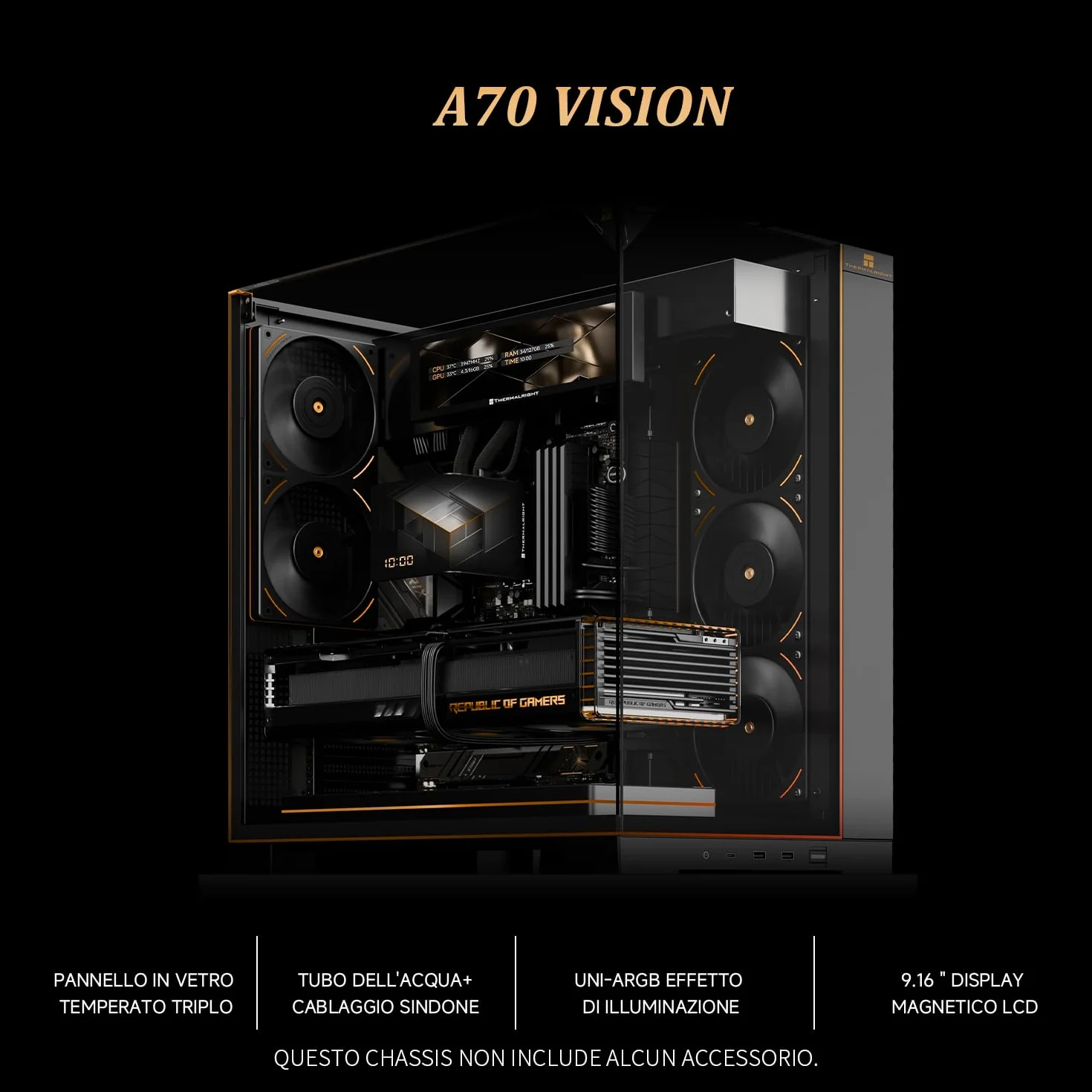 Thermalright TR A70 Vision ATX obudowa gamingowa, 8 gniazd wentylatorów CPU, szybkie zapięcie do pionowego montażu karty graficznej z zabezpieczeniem przed zwisaniem, w zestawie wyświetlacz LCD 9,16