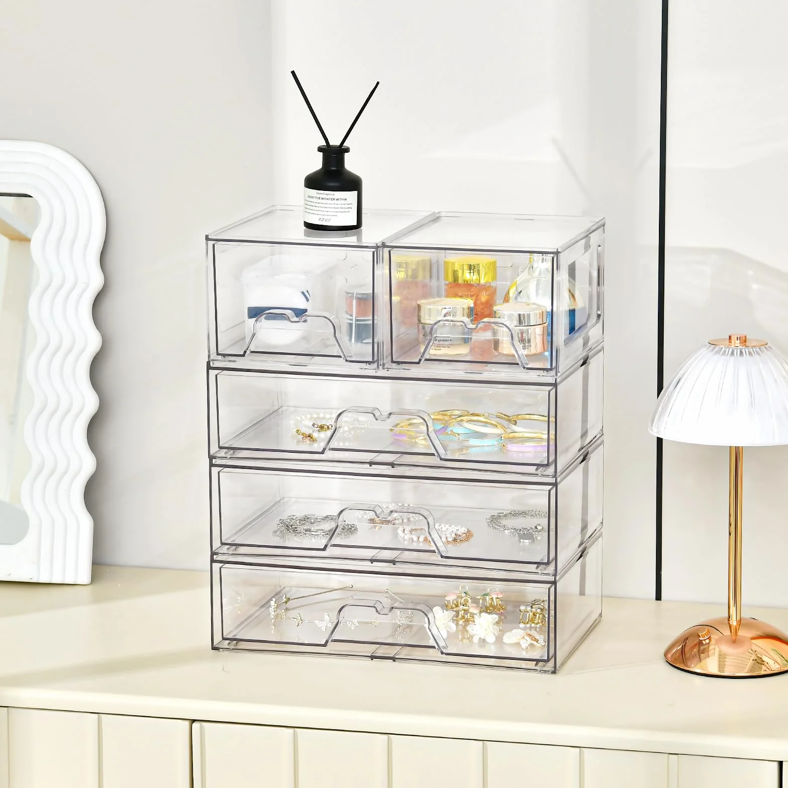 Lot de 4 Empilables Rangement Tiroir Organisateur Tiroir Salle de Bain en Acrylique Transparent Rangement Coiffeuse Organisateur,Idéal Pour La Organisateur Maquillage