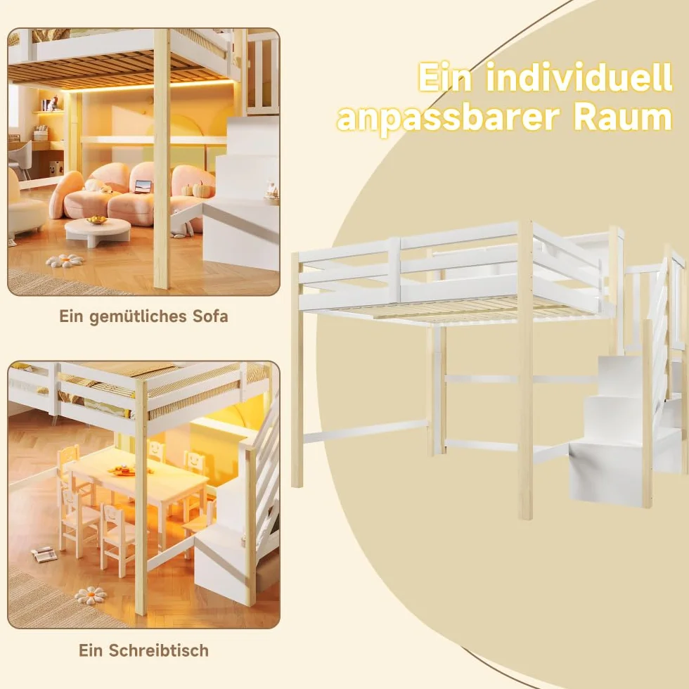 Sapgaks Lit Mezzanine Enfants 90x200cm,lit superposé Enfant avec lumières LED,lit Enfant avec Rangement sous Le lit,lit Enfant avec Barriere,échelle de Rangement,Blanc + Naturel
