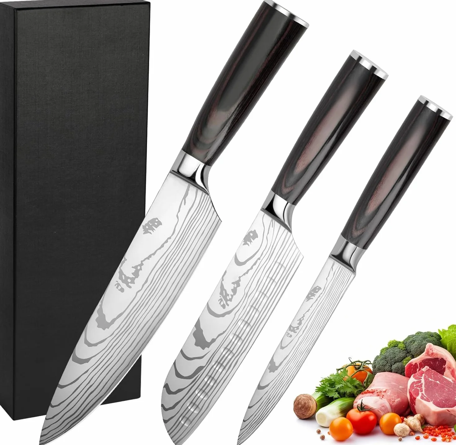 Couteau de Cuisine Japonais Acier Inoxydable Haute Teneur en Carbone, Professionnel (3PCS)