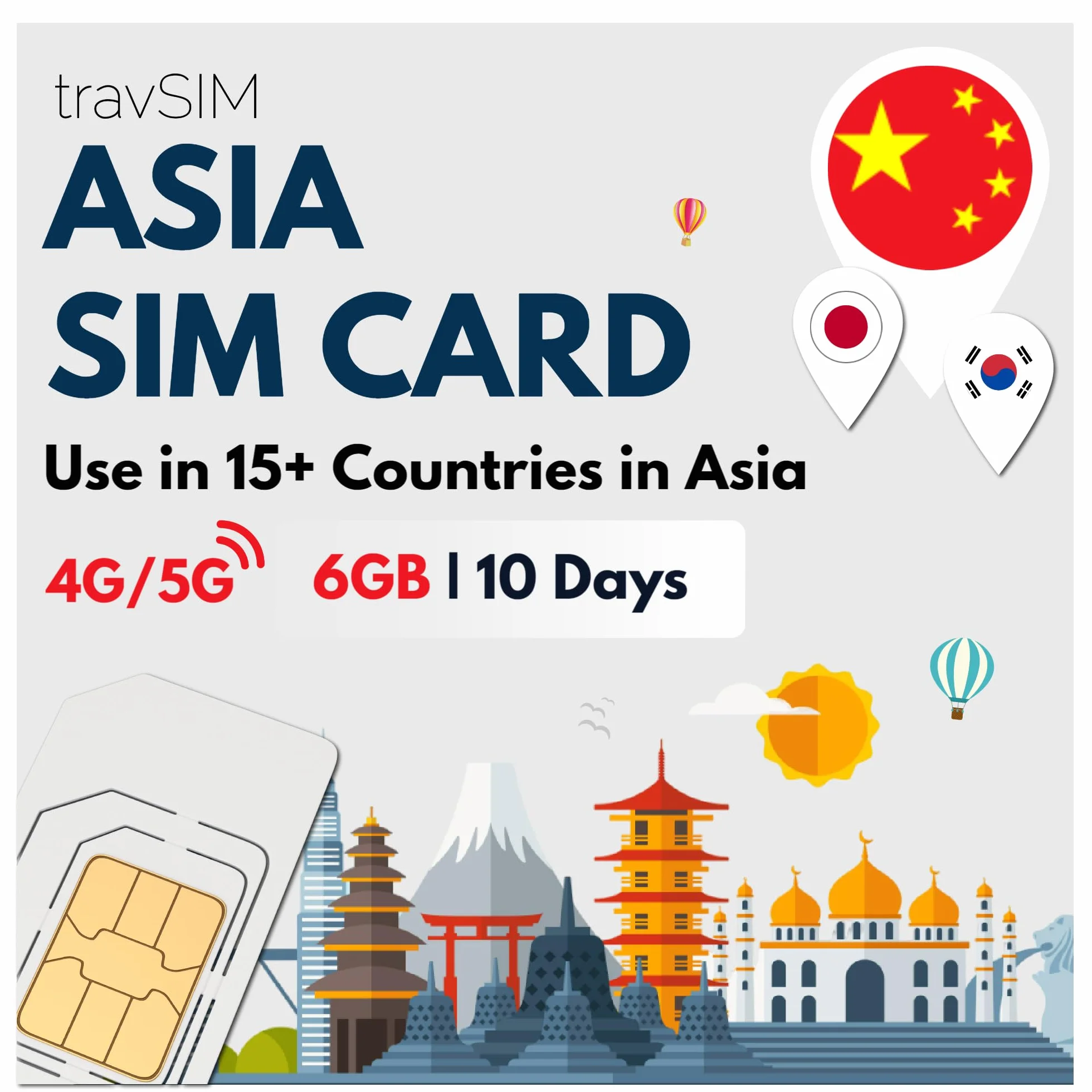 Karta SIM travSIM ASIA | 6 GB danych mobilnych | Bezpłatny roaming w Chinach, Japonii, Korei Południowej i ponad 12 krajach Azji | Plan na tej karcie SIM ASIA jest ważny przez 10 dni.