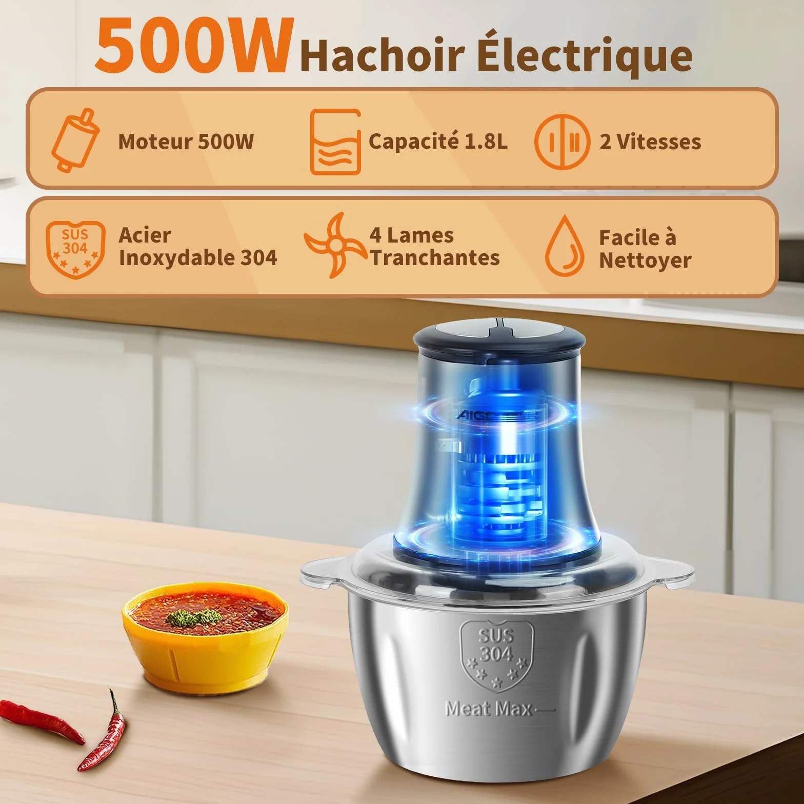 Aigostar Flor - Hachoir Électrique 500W avec Bol Inox 1.8L et 4 Lames. Mini Hachoir à Viande, Mixeur Multifonction 2 Vitesses pour Repas Bébé. Inclus Spatule, Sans BPA